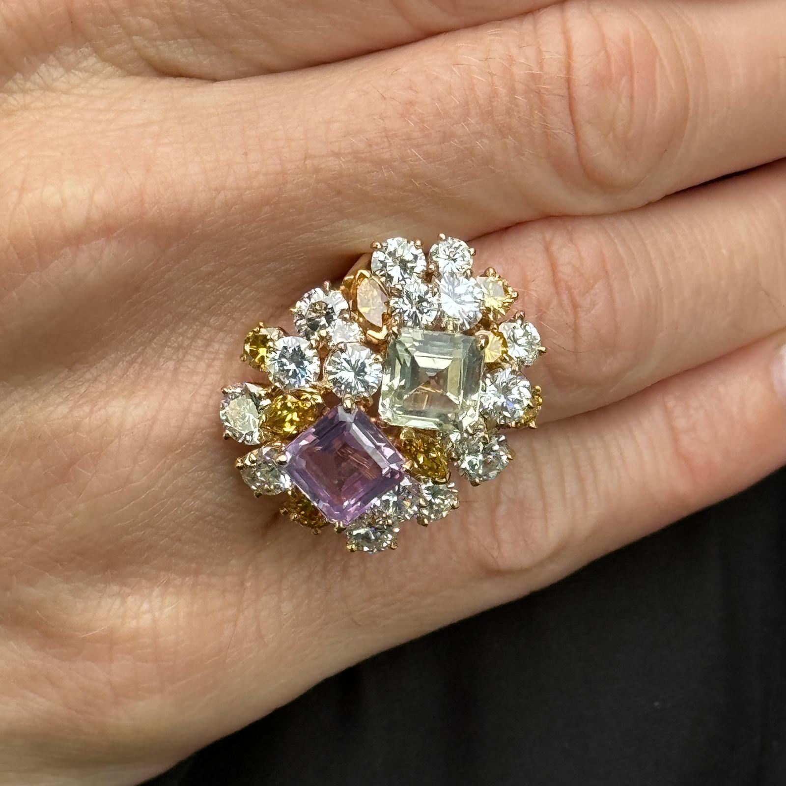 Contemporary Oscar Heyman Diamond Emerald Cut Violet & White Sapphire 18KYG Cocktail Ring
