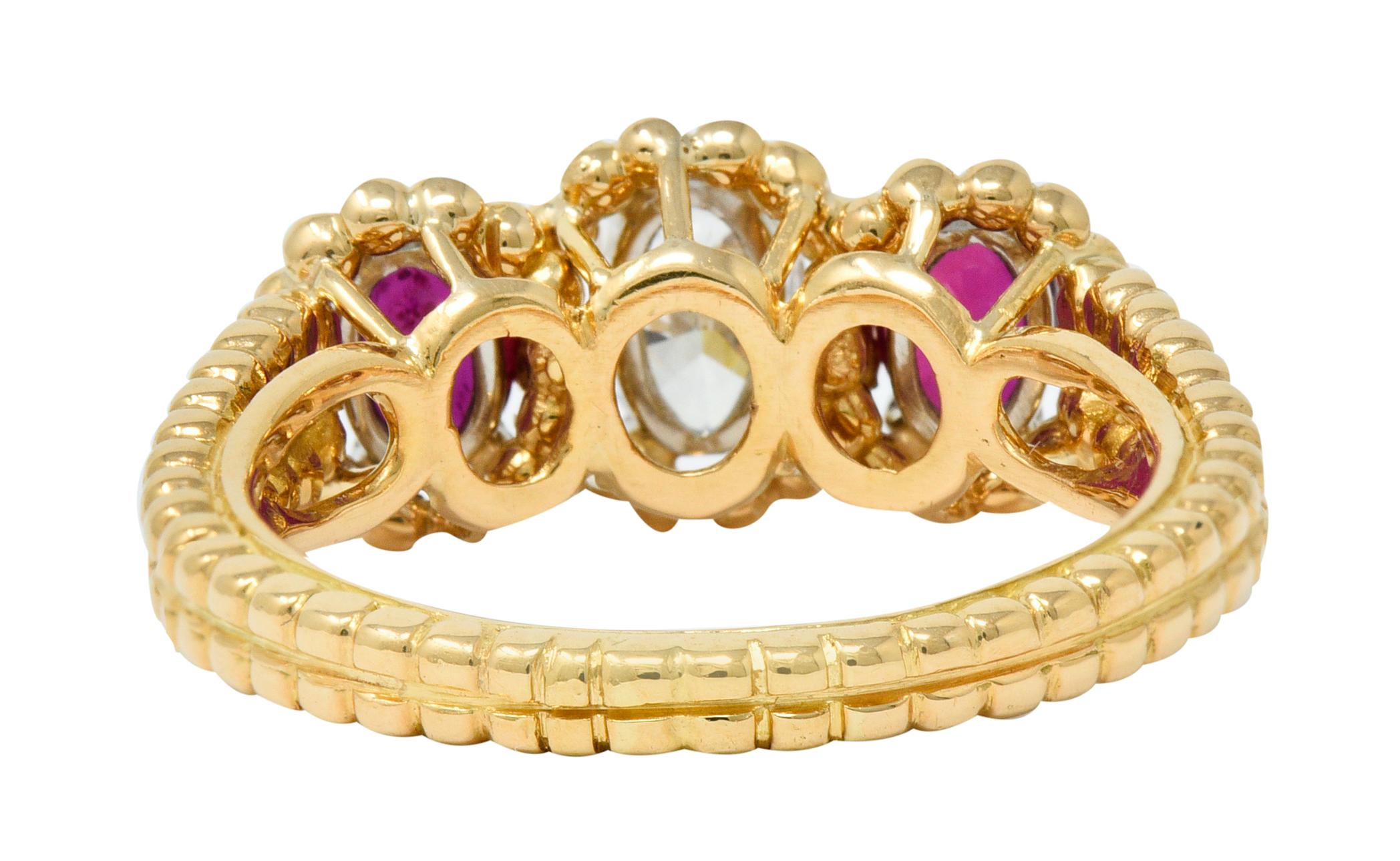 Contemporary Oscar Heyman Diamond Ruby 18 Karat Gold Platinum Three-Stone Ring