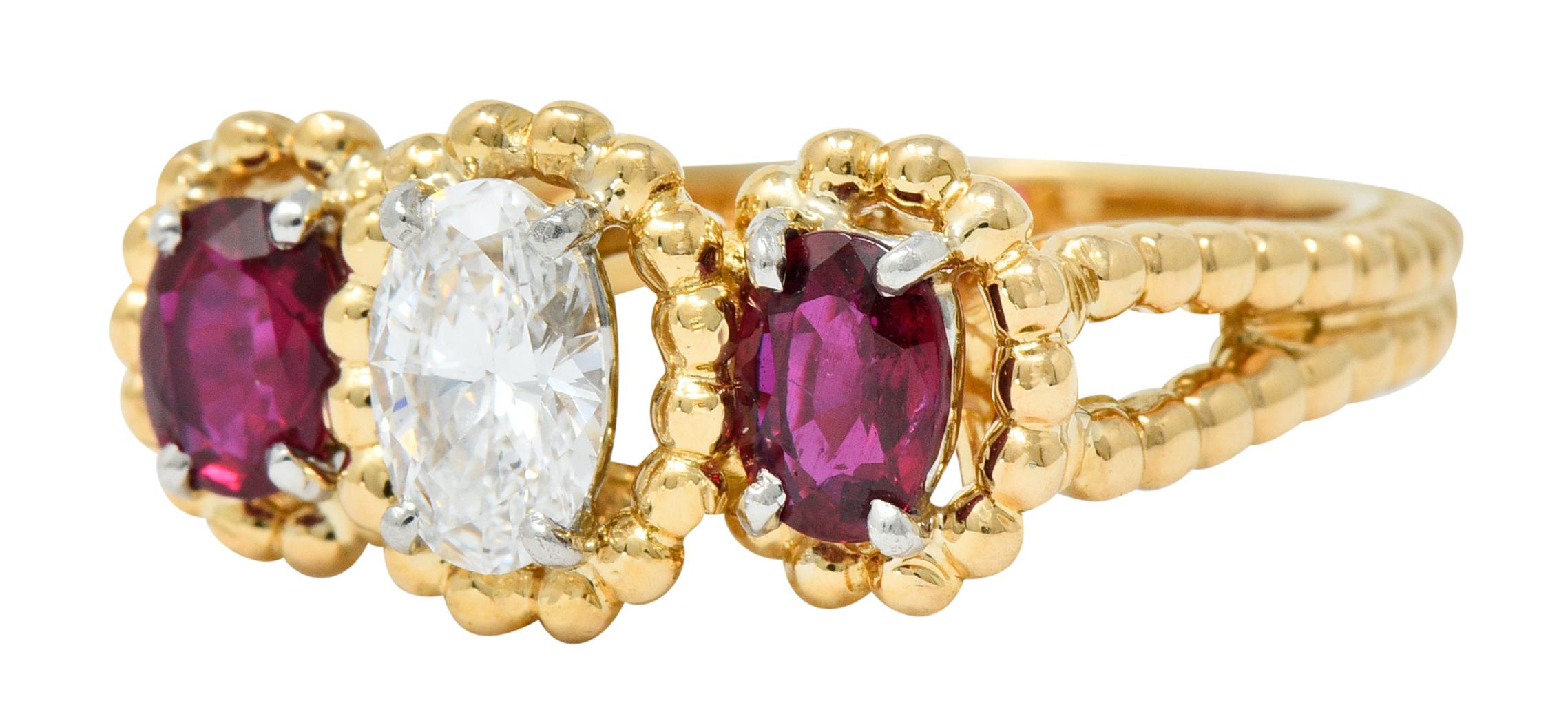 Oscar Heyman Diamond Ruby 18 Karat Gold Platinum Three-Stone Ring In Excellent Condition In Philadelphia, PA
