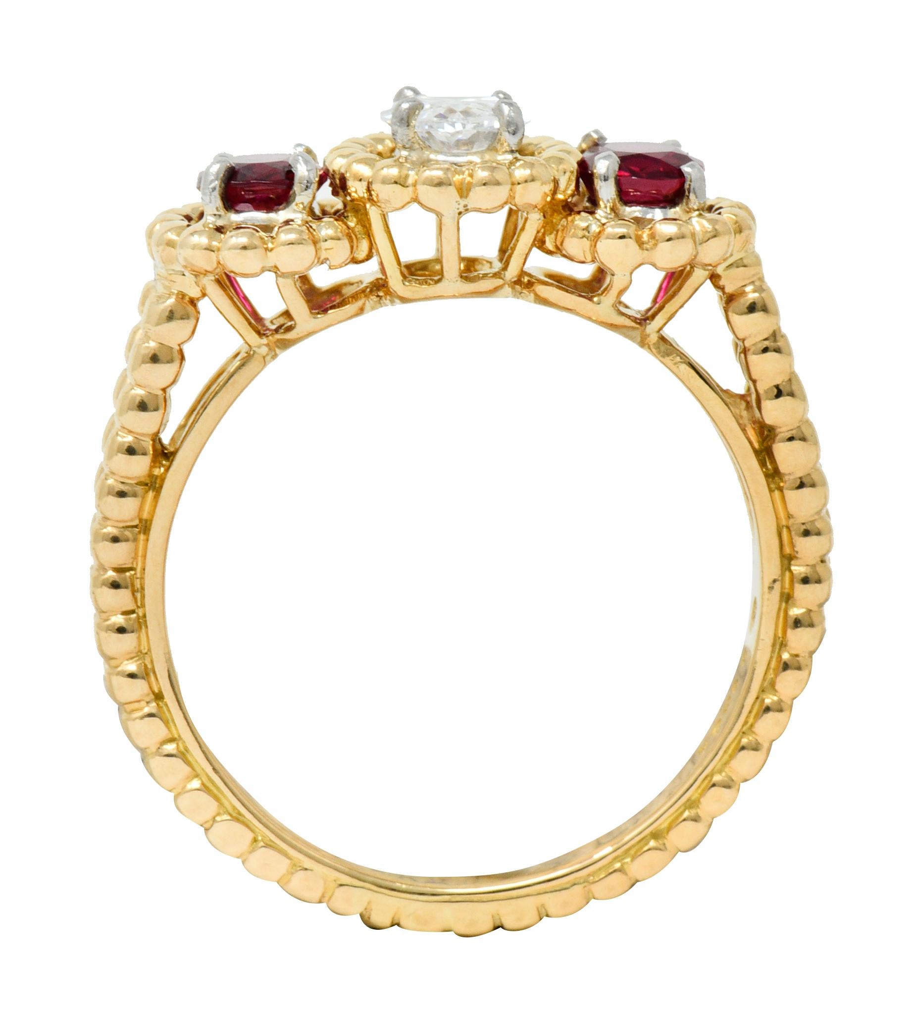 Women's or Men's Oscar Heyman Diamond Ruby 18 Karat Gold Platinum Three-Stone Ring