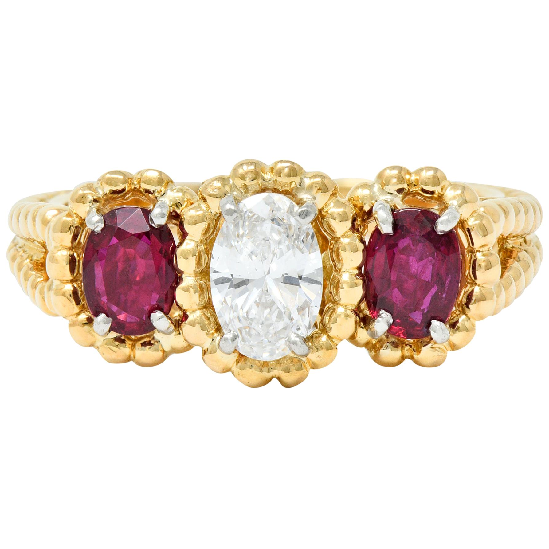 Oscar Heyman Diamond Ruby 18 Karat Gold Platinum Three-Stone Ring