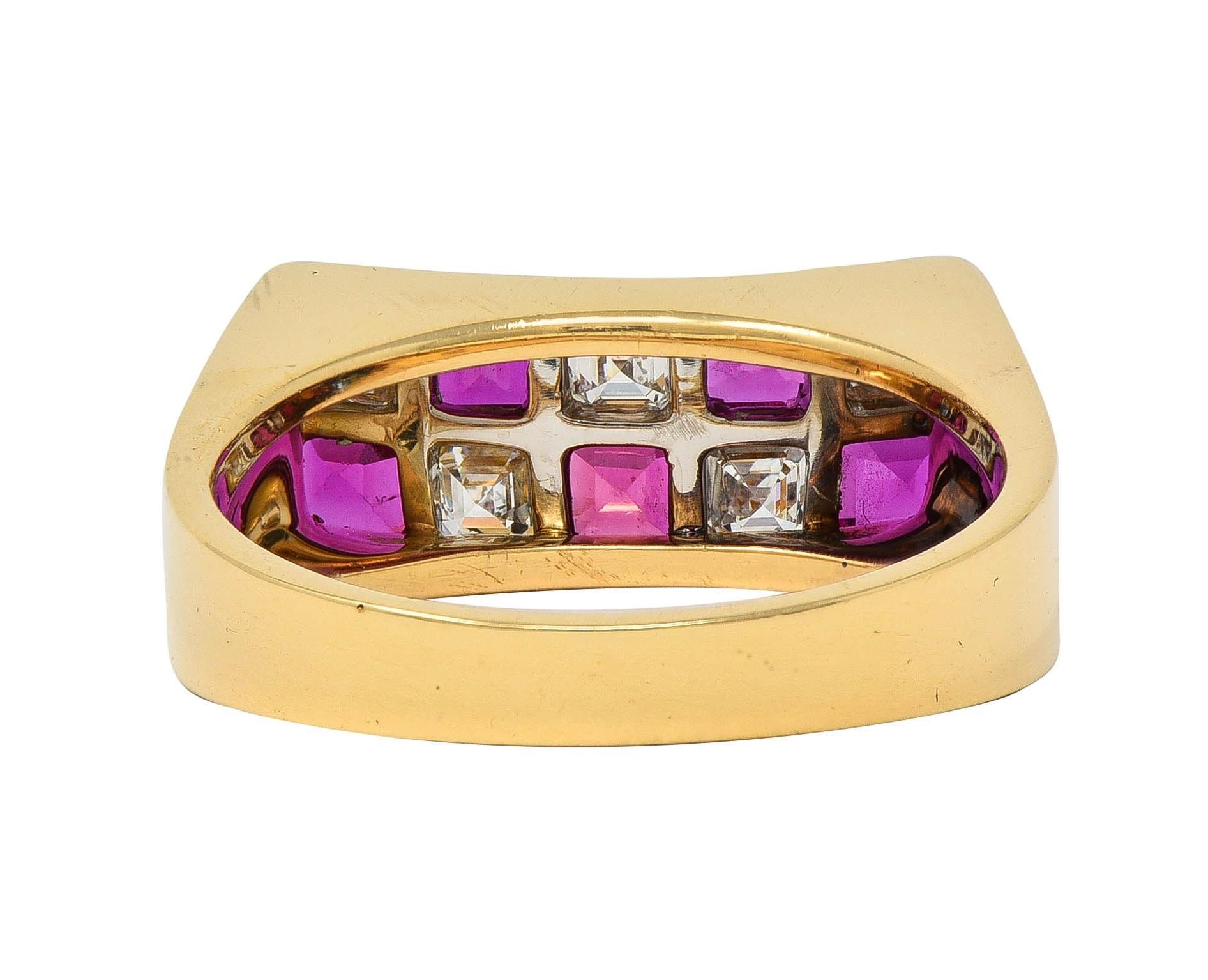 Square Cut Oscar Heyman Diamond Ruby Platinum 18K Gold Checkerboard Vintage Band Ring For Sale