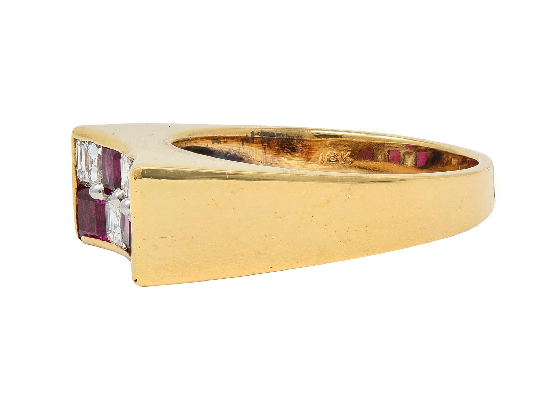 Oscar Heyman Diamond Ruby Platinum 18K Gold Checkerboard Vintage Band Ring In Excellent Condition For Sale In Philadelphia, PA