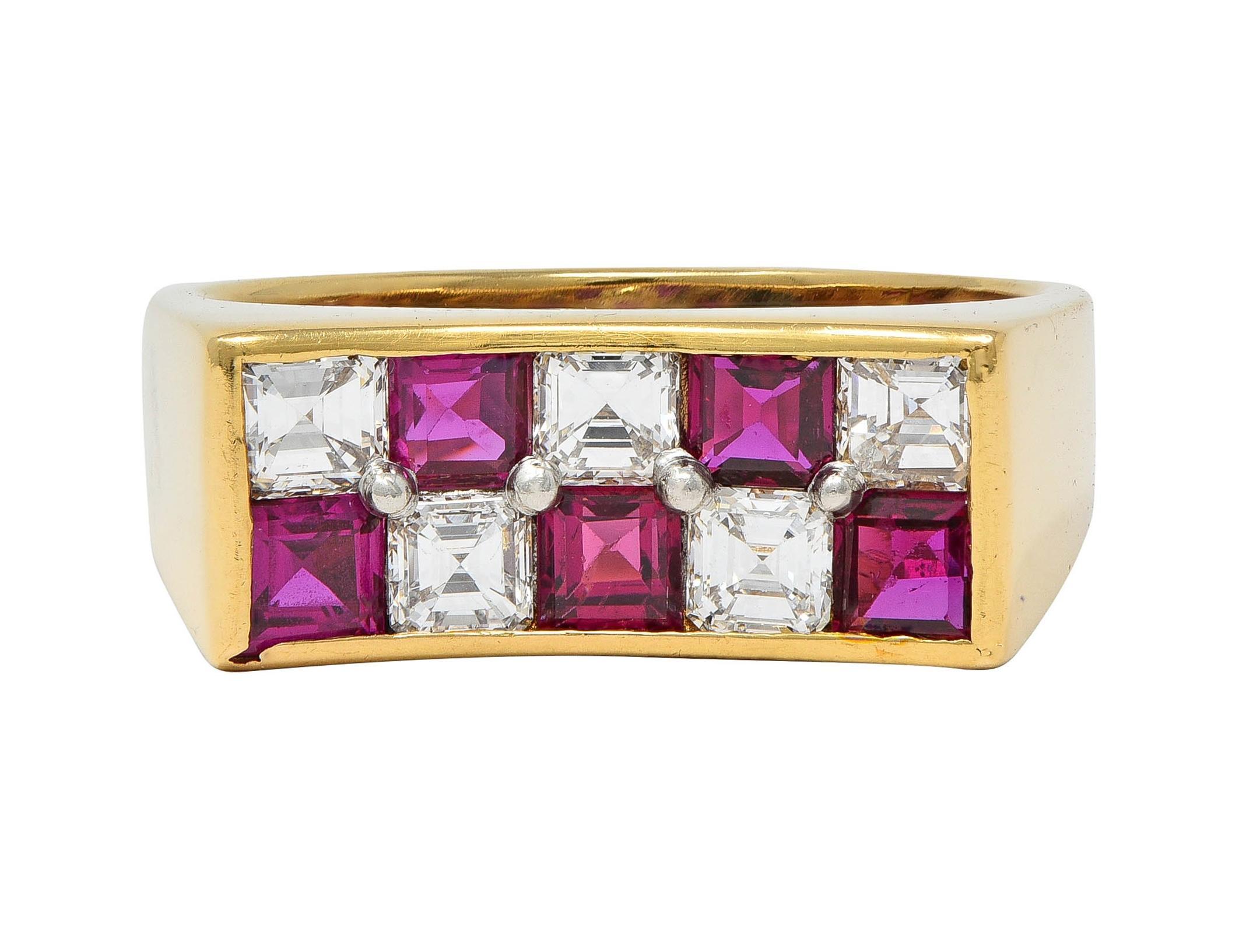 Oscar Heyman Anillo de oro de 18 quilates con diamantes, rubíes y platino en forma de tablero de ajedrez