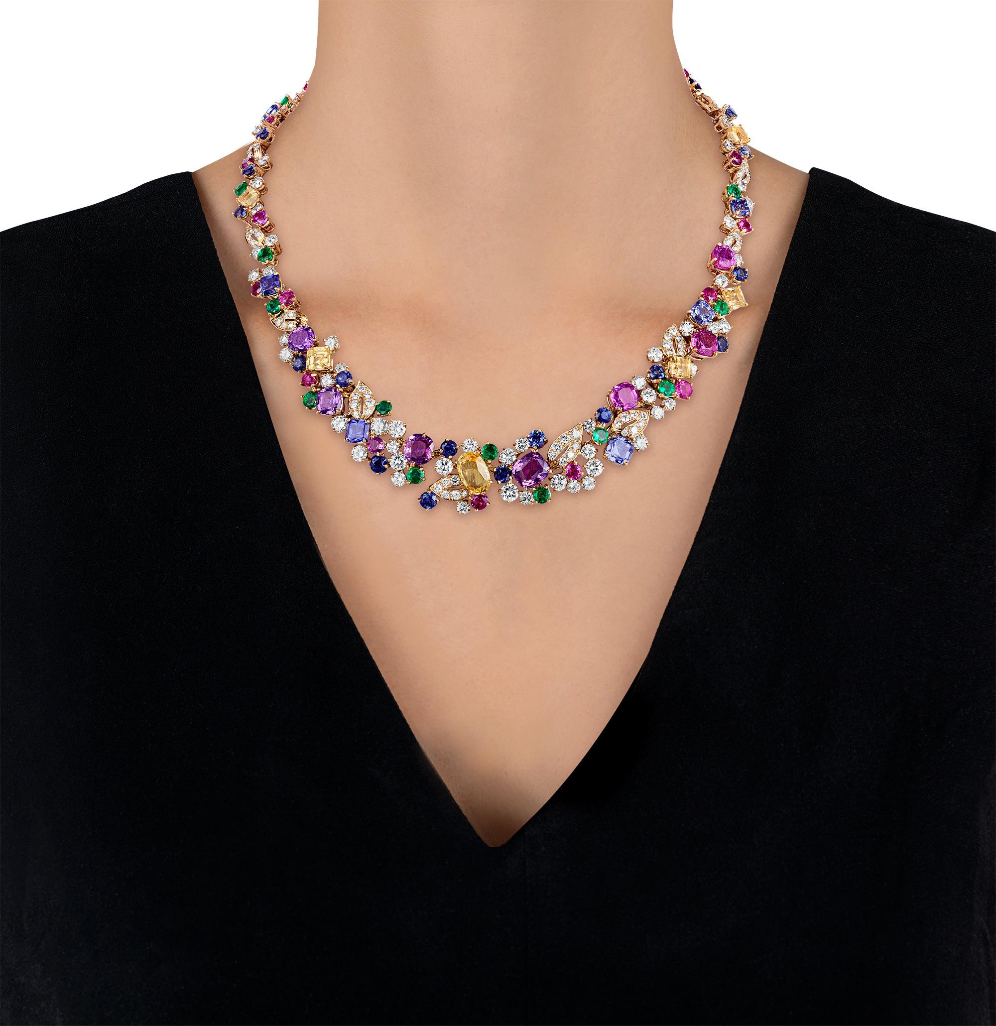 Round Cut Oscar Heyman Diamond, Sapphire, Emerald And Ruby Necklace
