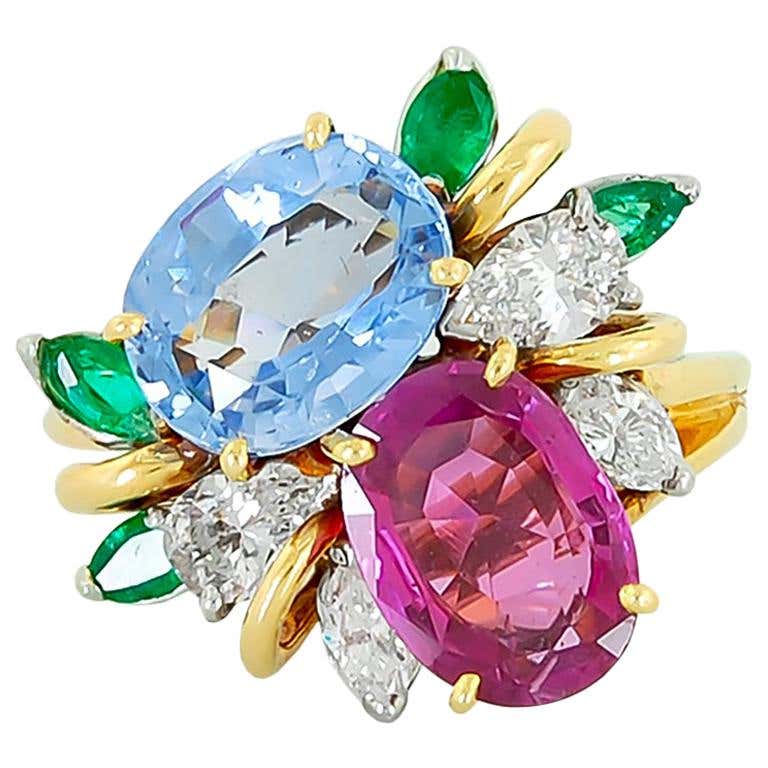 Oscar Heyman Diamond Ruby Emerald Sapphire Gold Cluster Ring at 1stdibs