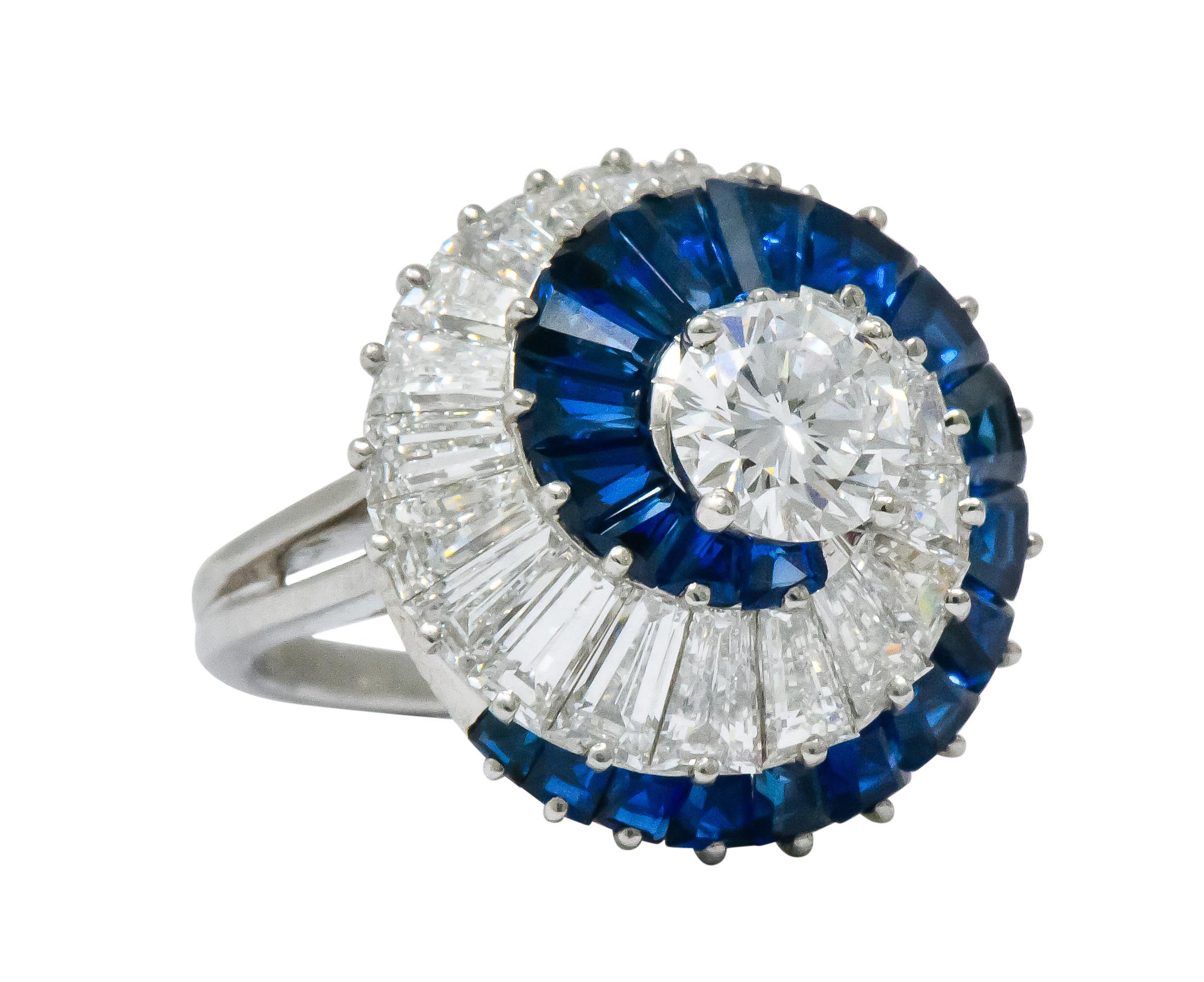 Retro Oscar Heyman Diamond Sapphire Platinum Swirl Ring GIA, circa 1965