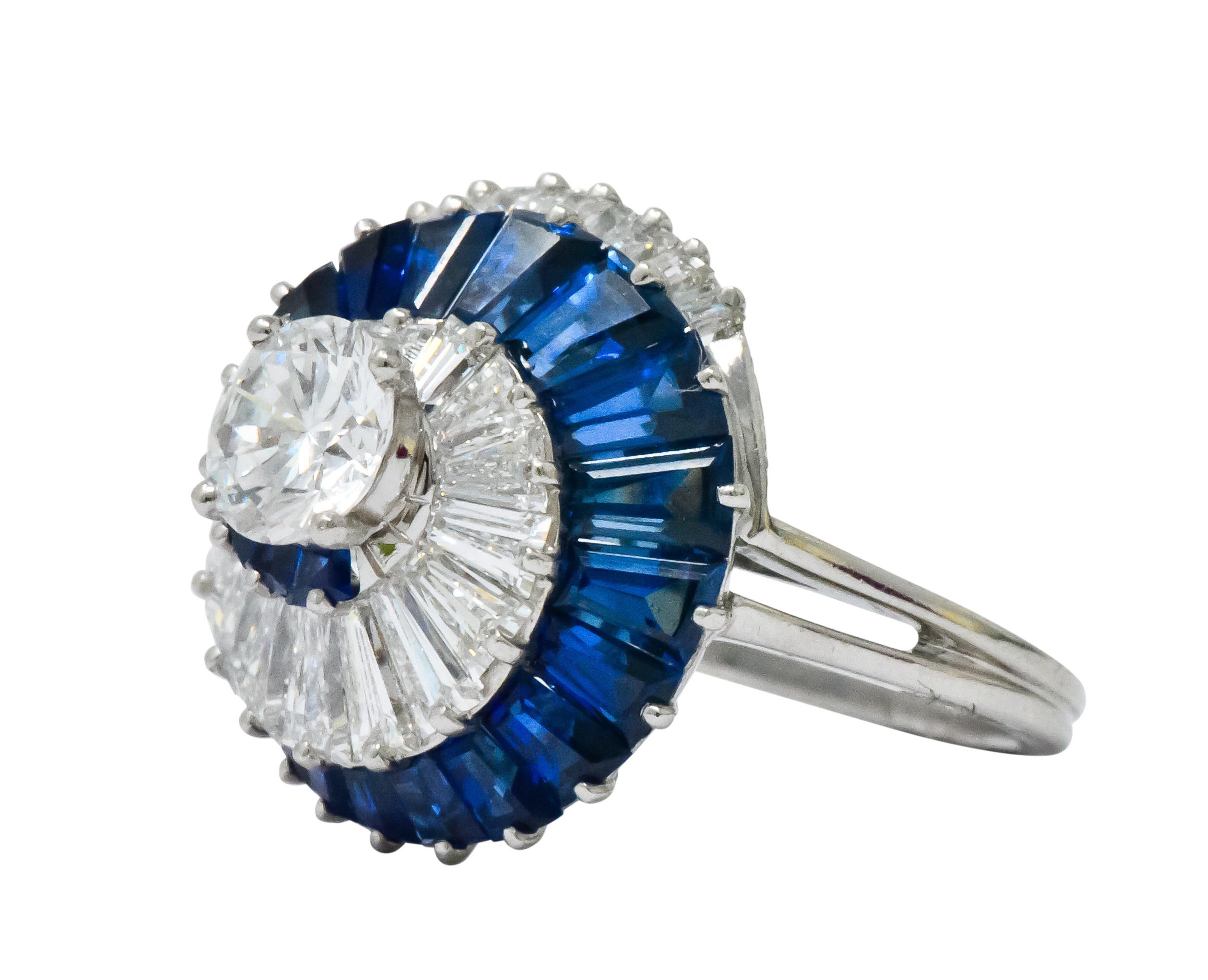 Oscar Heyman Diamond Sapphire Platinum Swirl Ring GIA, circa 1965 In Excellent Condition In Philadelphia, PA