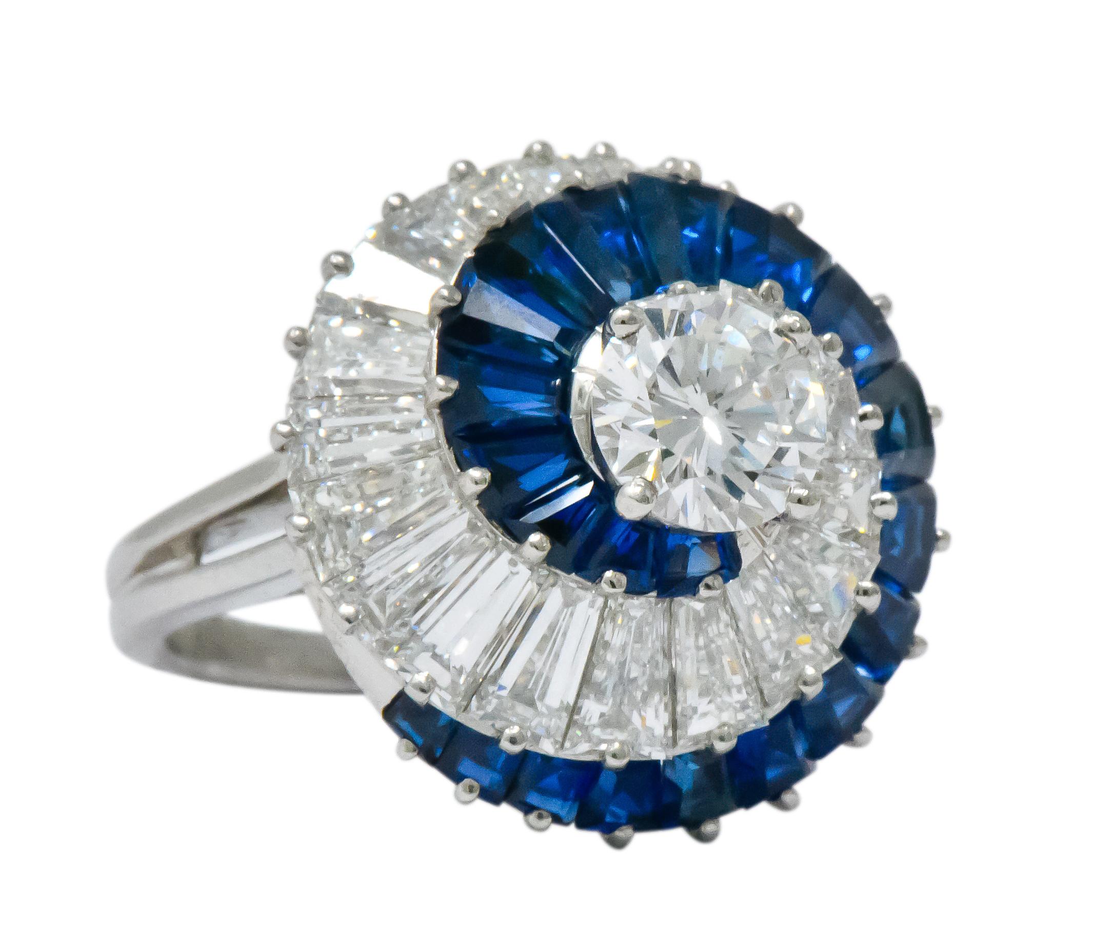 Oscar Heyman Diamond Sapphire Platinum Swirl Ring GIA, circa 1965 1
