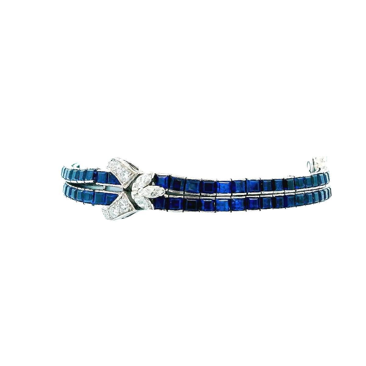 Art Deco Oscar Heyman Double Line Sapphire Bracelet W/Three Diamond Stations
