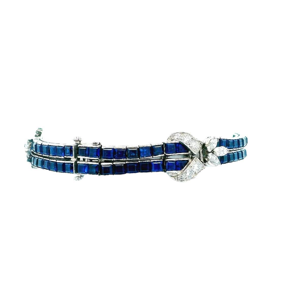 Square Cut Oscar Heyman Double Line Sapphire Bracelet W/Three Diamond Stations