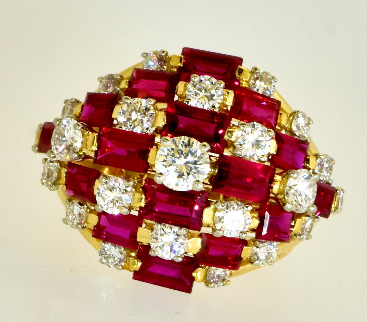 Oscar Heyman Dramatischer Vintage-Ring mit 7 Reihen Rubin und Diamant (Brillantschliff)