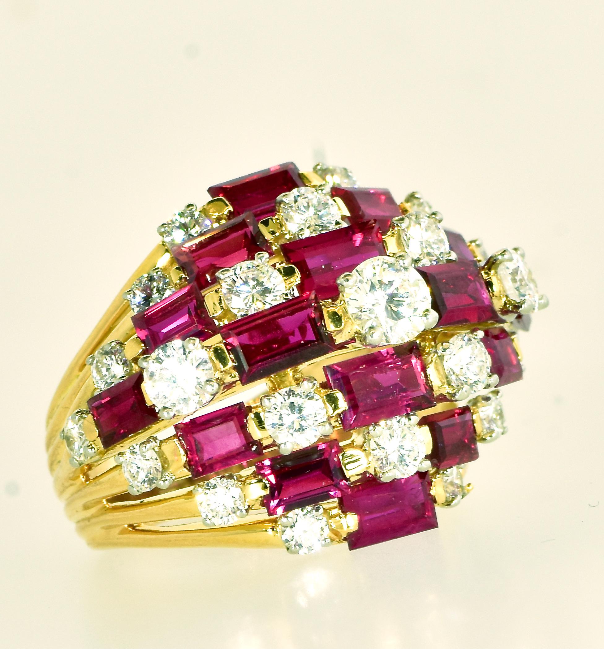 Brilliant Cut Oscar Heyman Dramatic Large 7 Row Ruby and Diamond Vintage Ring