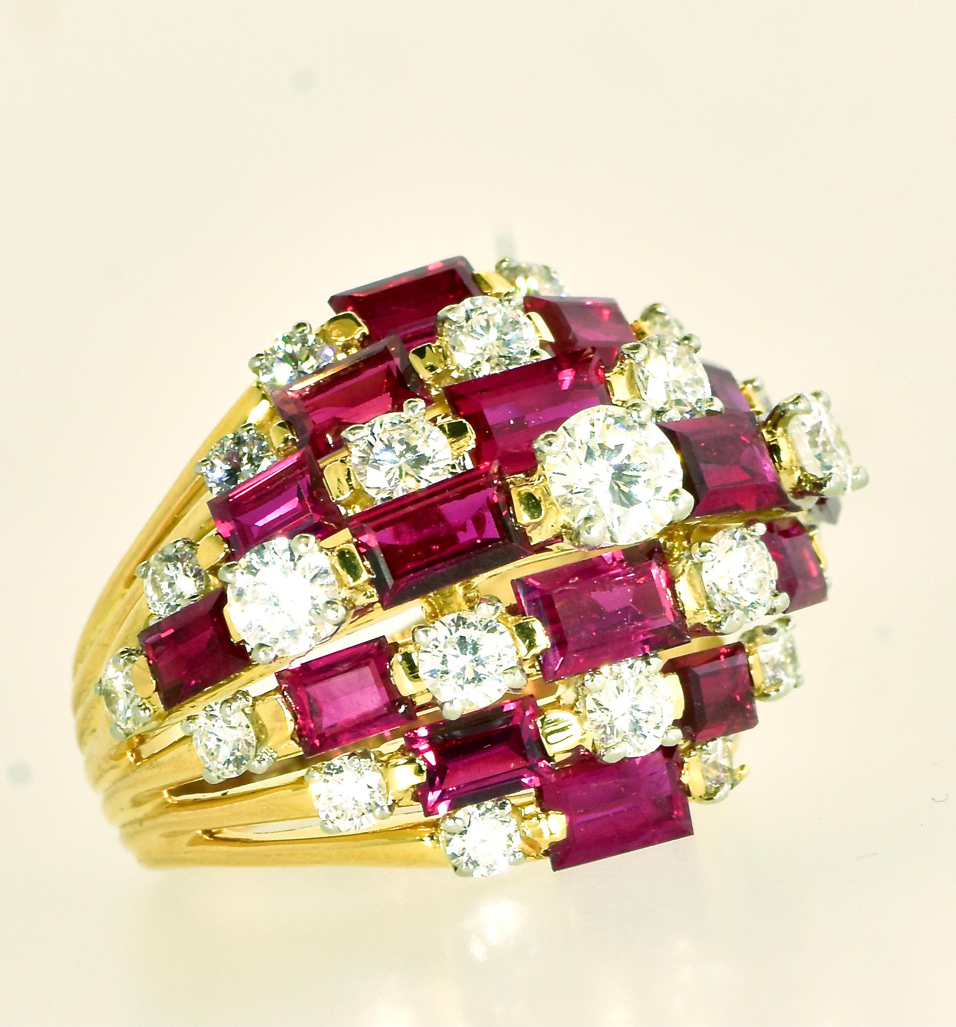 Oscar Heyman Dramatischer Vintage-Ring mit 7 Reihen Rubin und Diamant im Zustand „Hervorragend“ in Aspen, CO