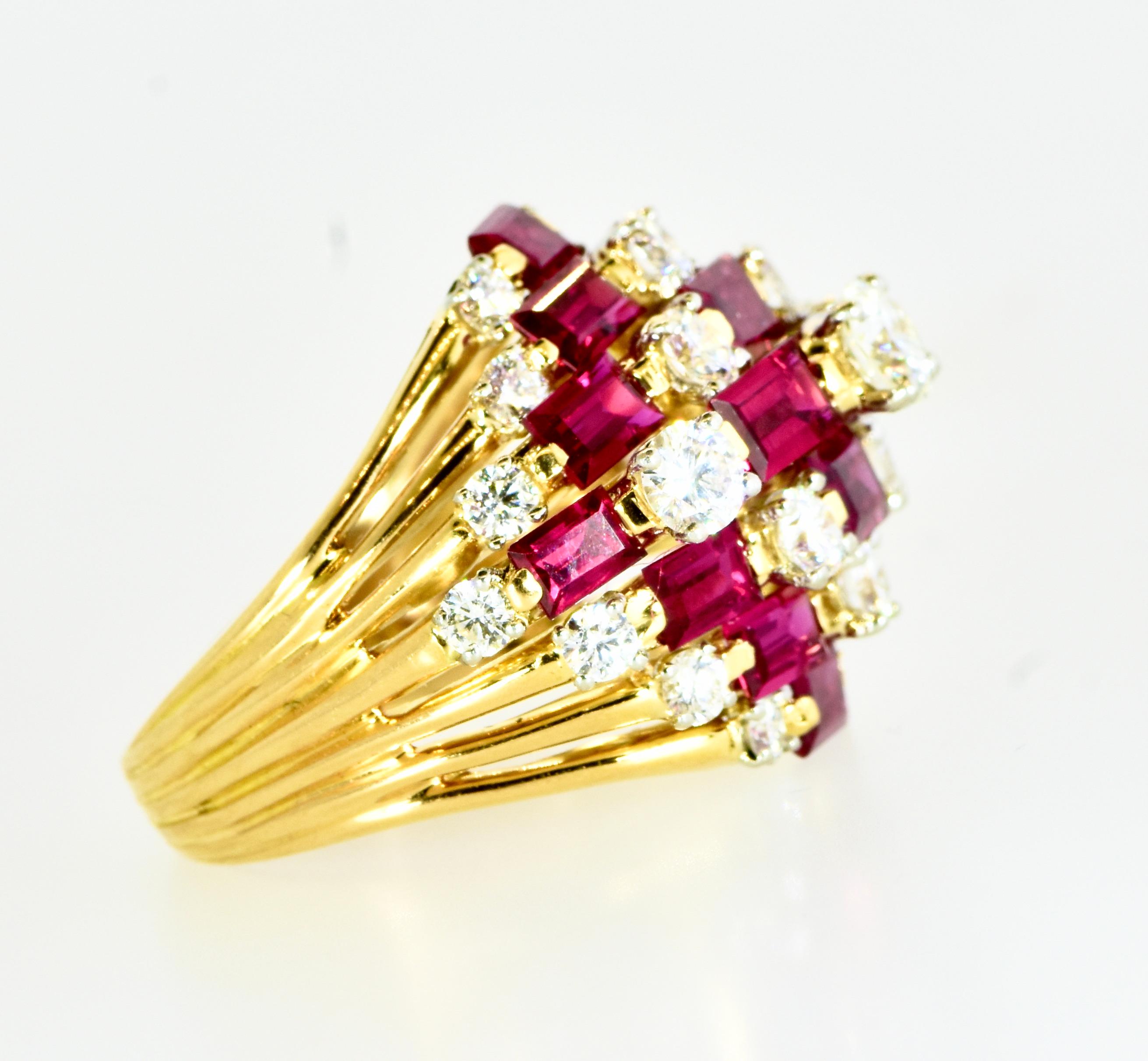 Oscar Heyman Dramatic Large 7 Row Ruby and Diamond Vintage Ring In Excellent Condition In Aspen, CO