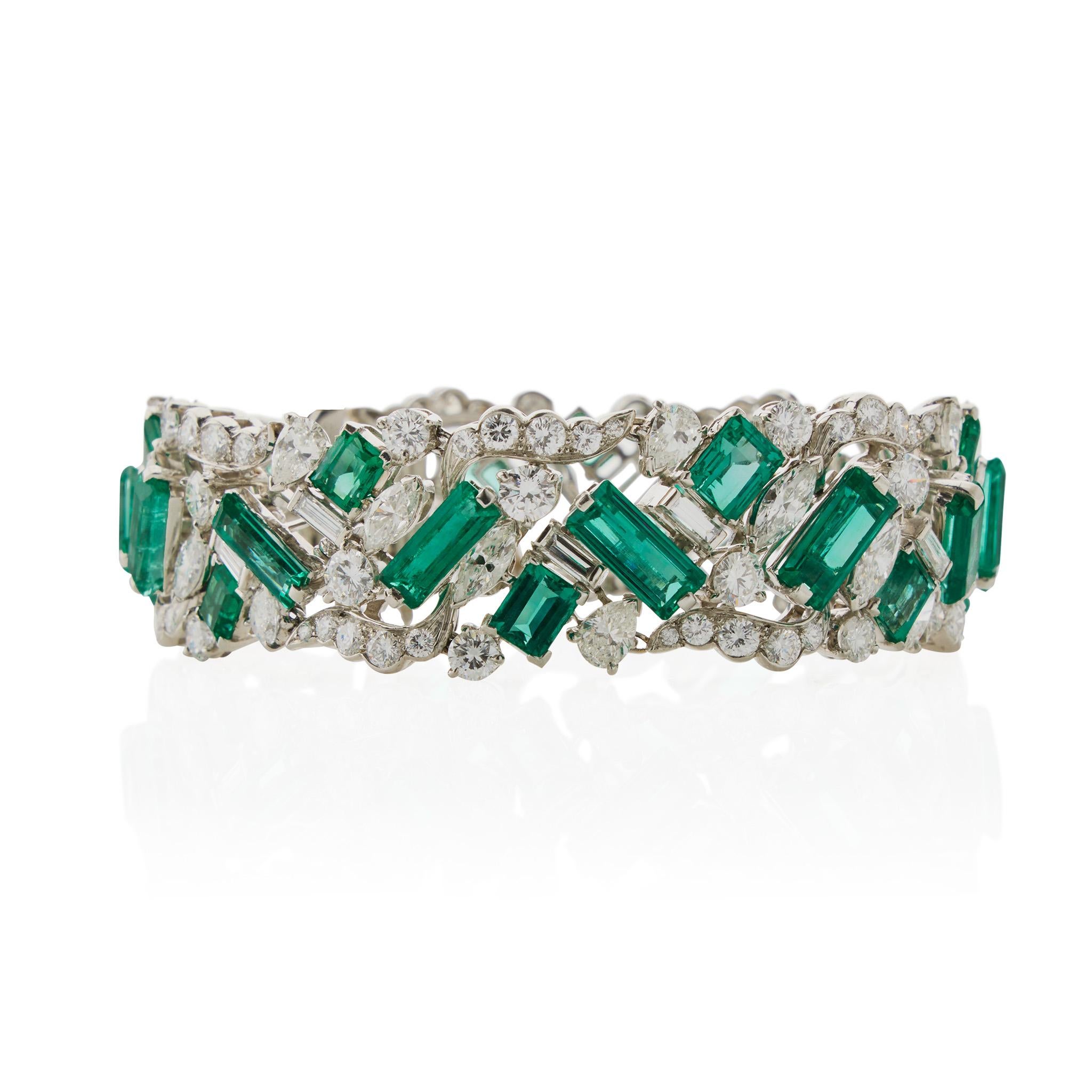Baguette Cut Oscar Heyman Emerald and Diamond Bracelet For Sale