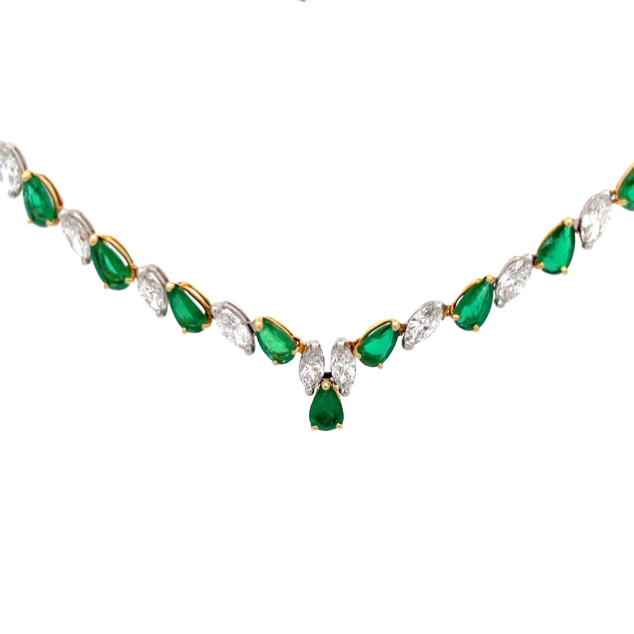Estate Oscar Heyman Emerald and Diamond Necklace in 18K Yellow Gold. The necklace features 6.40ctw of pear shape emeralds and 4.20ctw of marquise shape diamonds. 
16