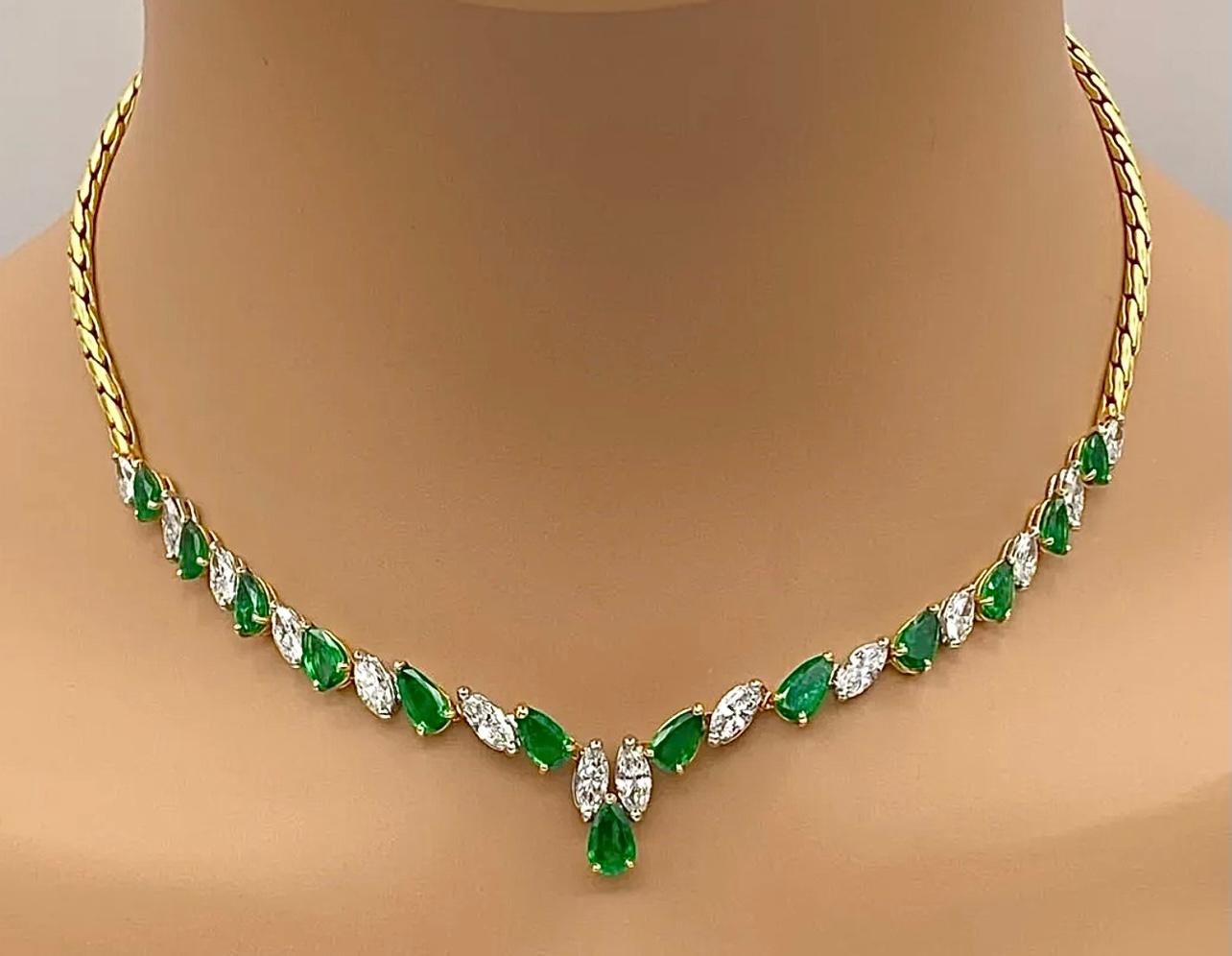 Pear Cut Oscar Heyman Emerald and Diamond Necklace 18K Yellow Gold