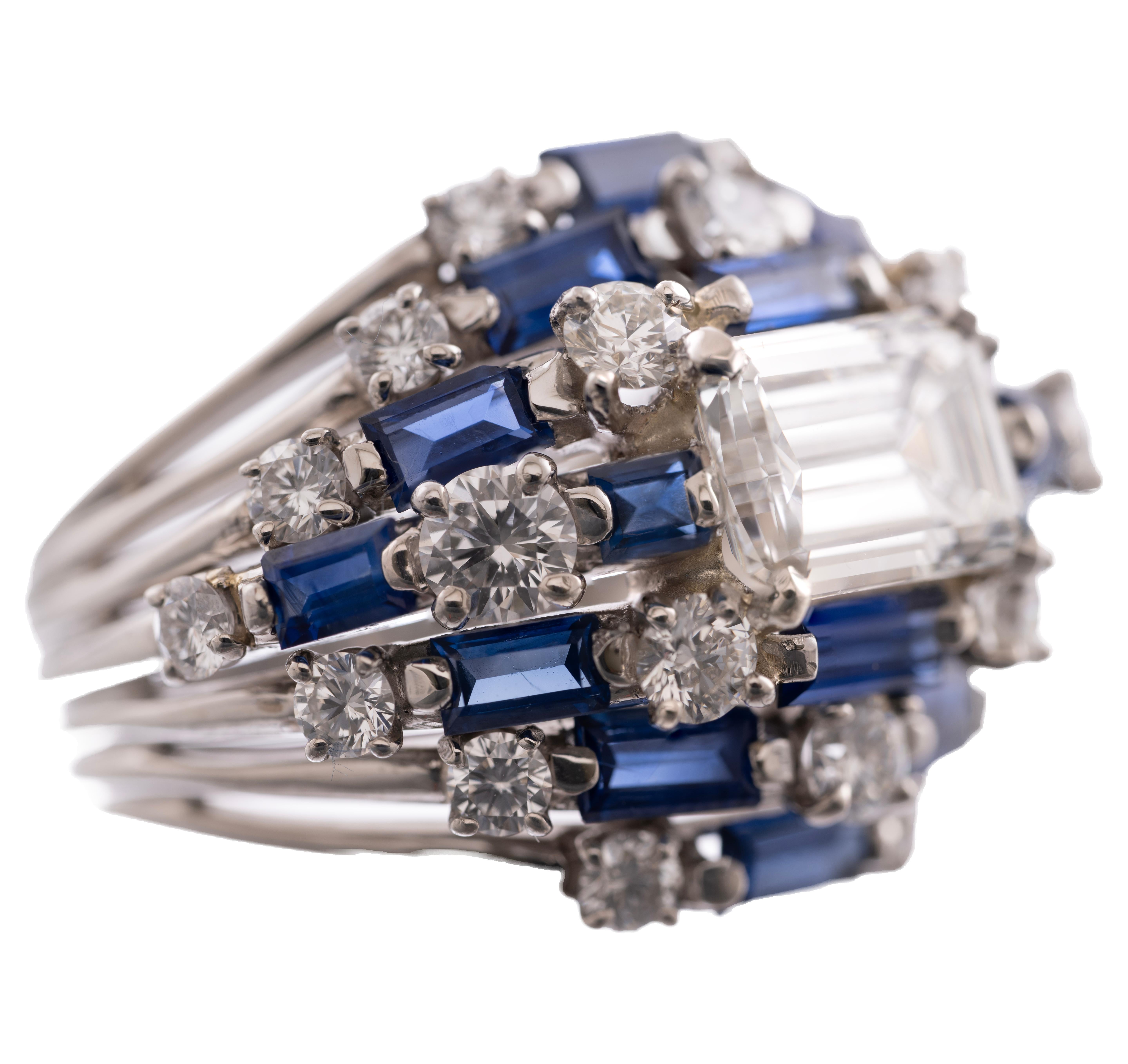 Oscar Heyman Emerald Cut Diamond 2.04ct F/VS1 GIA & Sapphire Ring 1960's In Excellent Condition In Carmel-by-the-Sea, CA