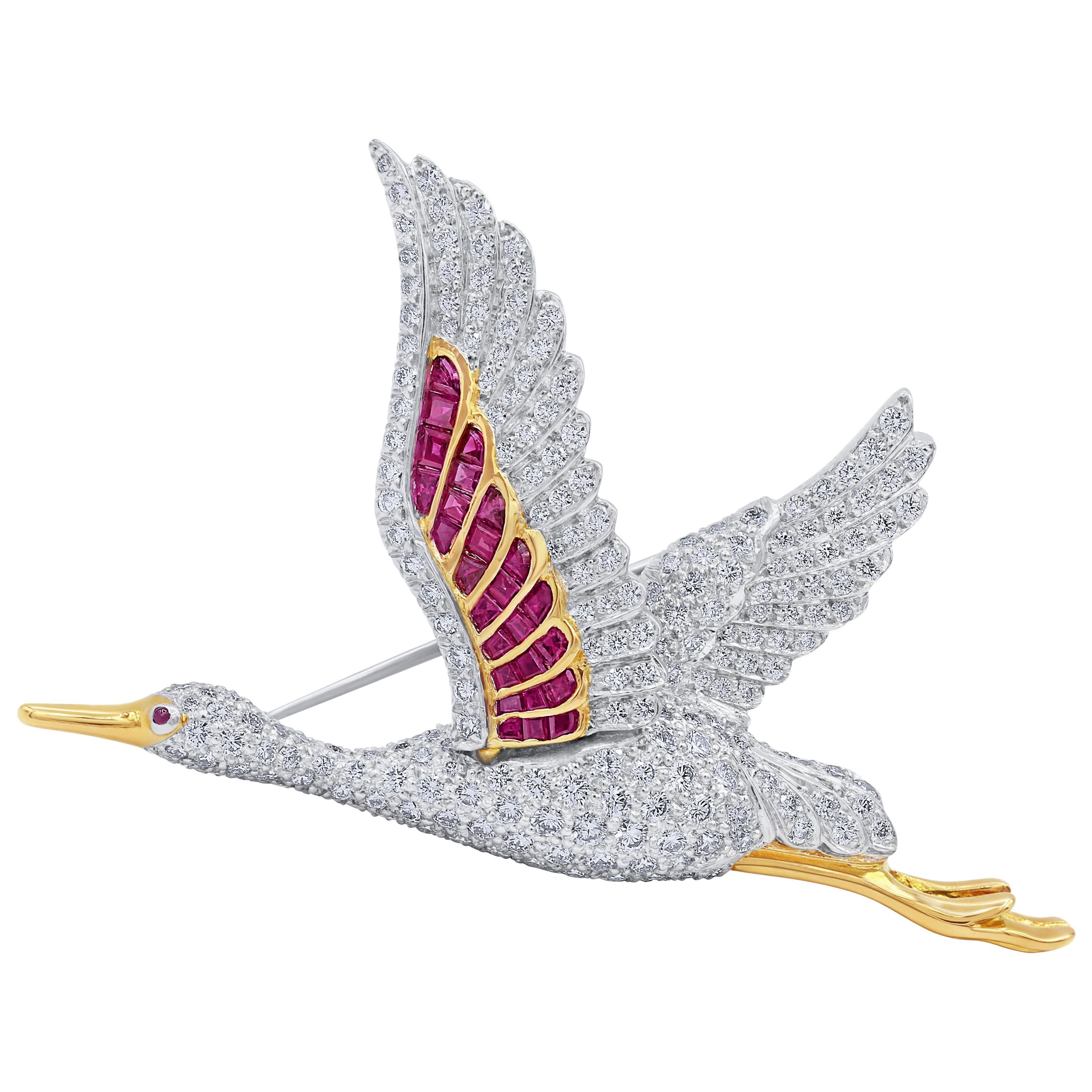 Oscar Heyman Flying Egret Ruby and Diamond Bird Brooch For Sale