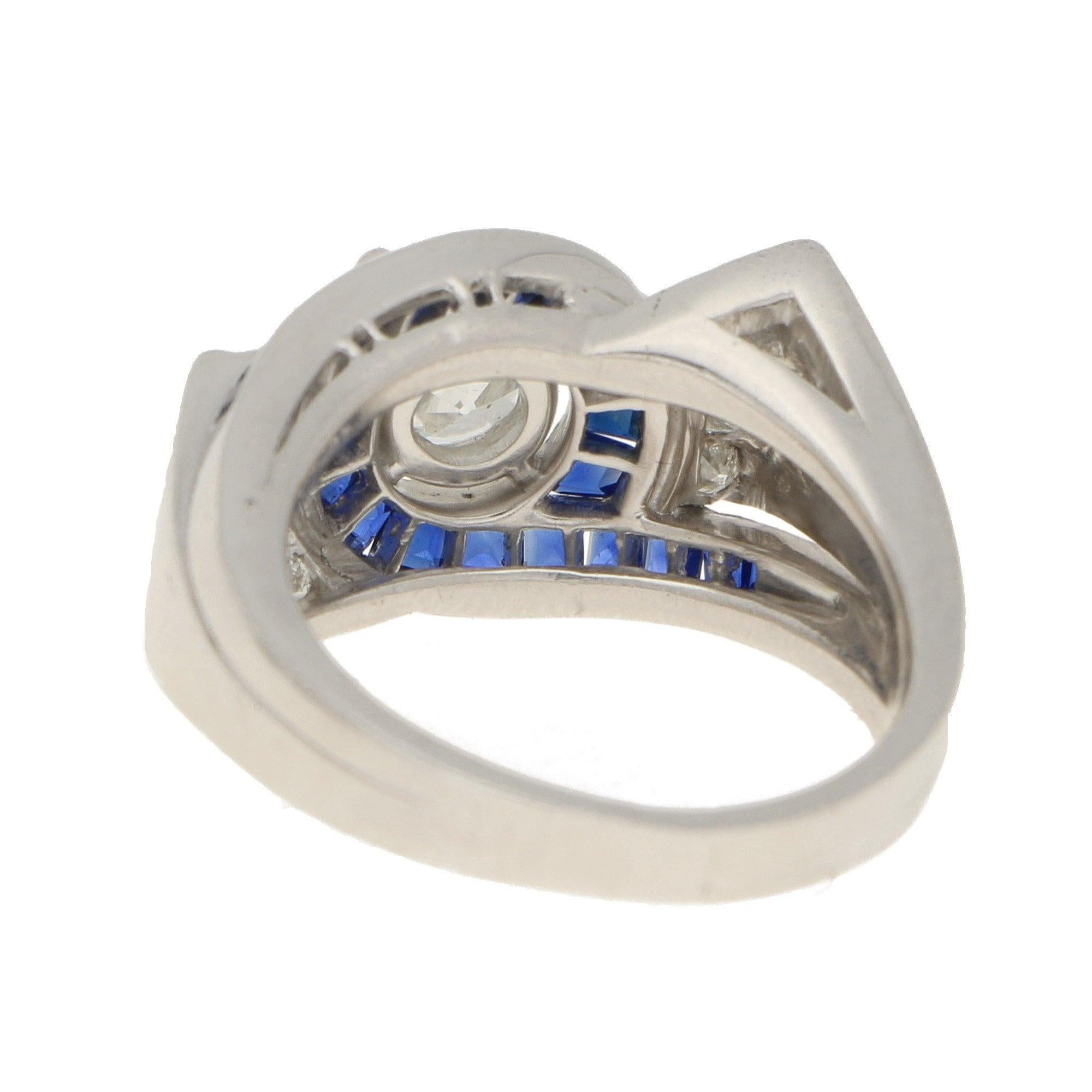 Round Cut Oscar Heyman Art Deco Style Diamond and Sapphire Engagement Ring Set in Platinum For Sale