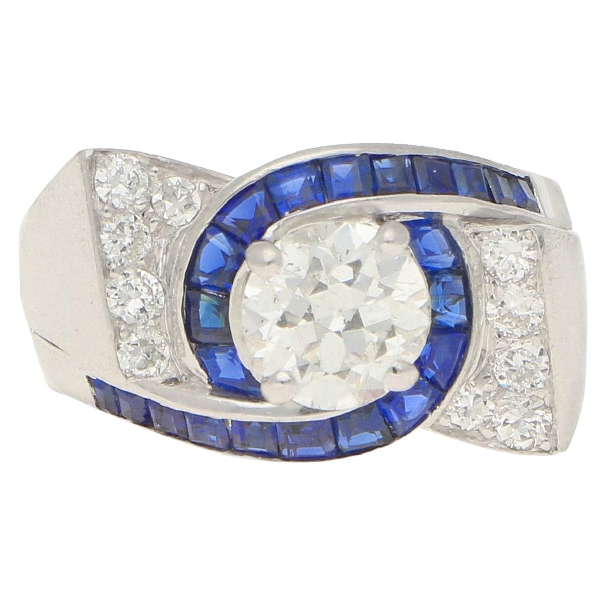 Oscar Heyman Art Deco Style Diamond and Sapphire Engagement Ring Set in Platinum