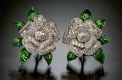Oscar Heyman Gardenia Enamel and Diamond Ear Clips