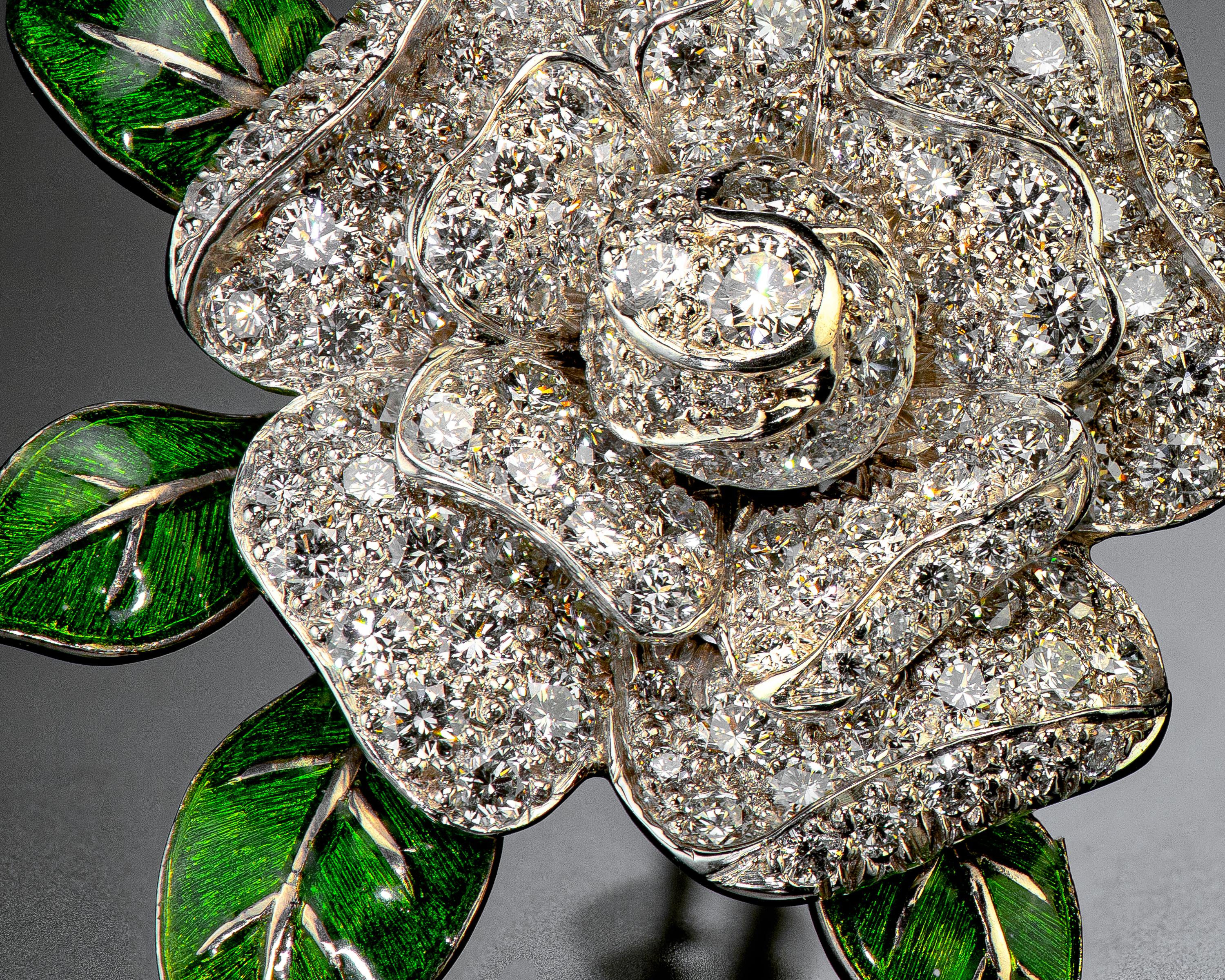 Oscar Heyman Gardenia Enamel and Diamond Ear Clips In Excellent Condition In Weston, MA