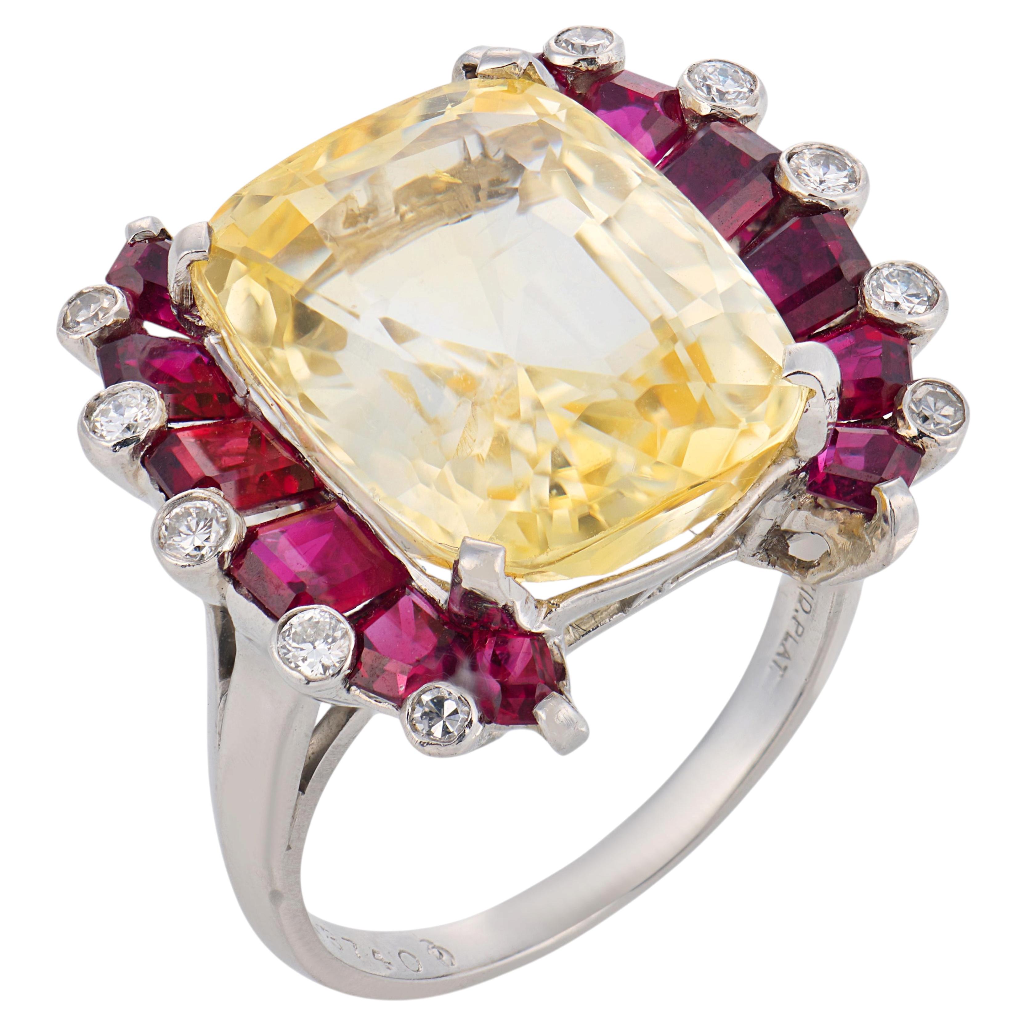 Oscar Heyman GIA 17.33 carat no heat yellow sapphire ruby diamond platinum ring For Sale