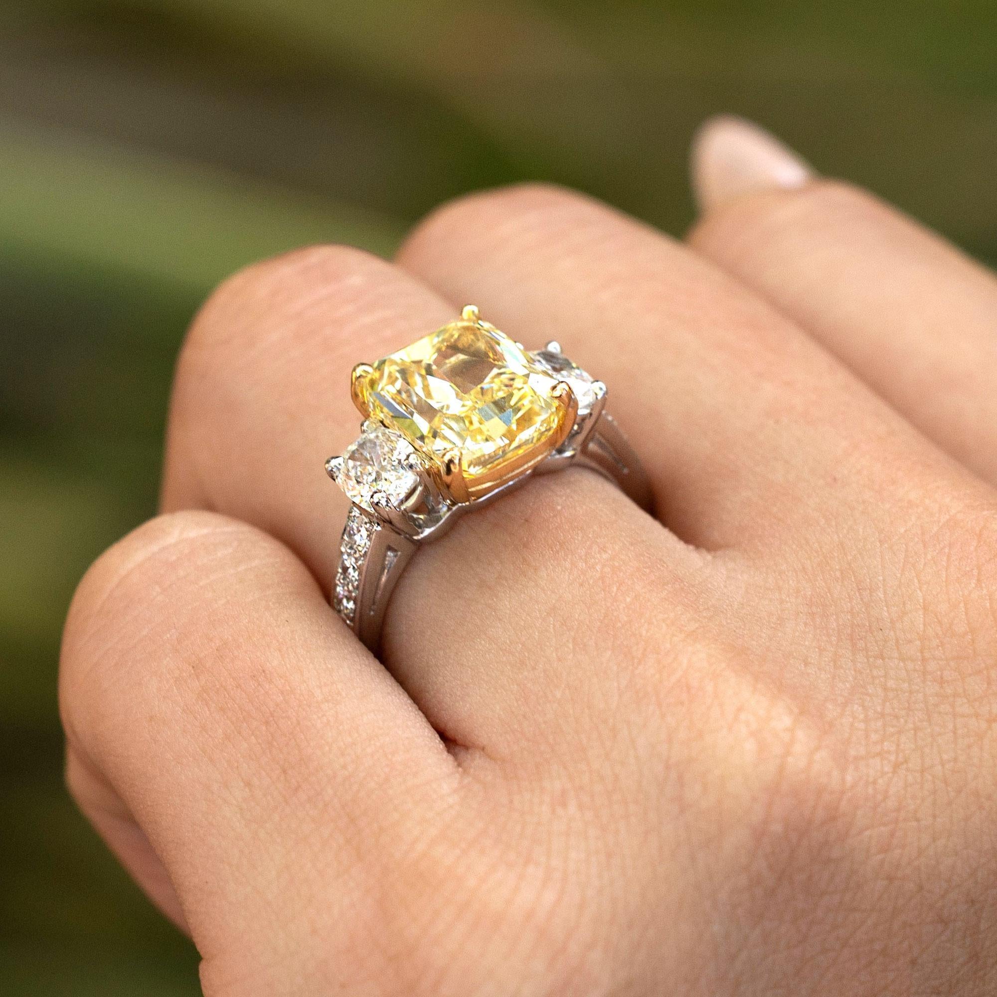 Cushion Cut Oscar Heyman GIA Certified 5.04 Carat Fancy Yellow Diamond Engagement Ring For Sale