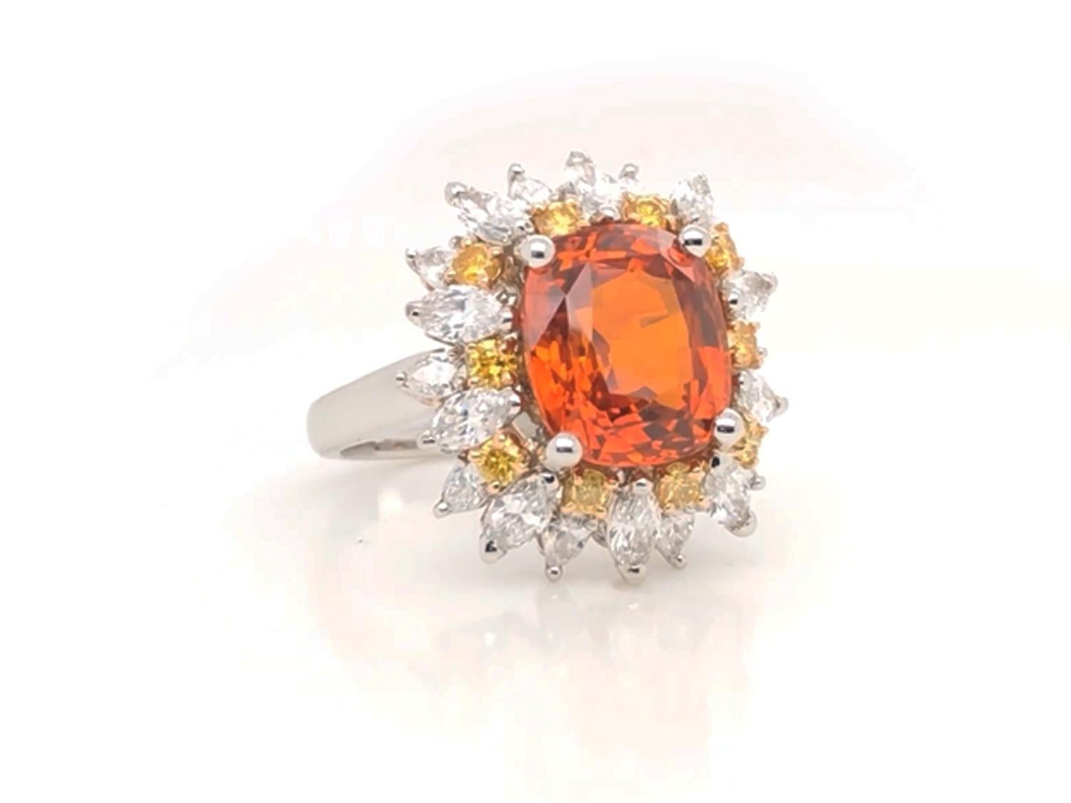 Cushion Cut Oscar Heyman GIA Certified 6.04ct Orange Sapphire, Diamond & Yellow Diamond Ring