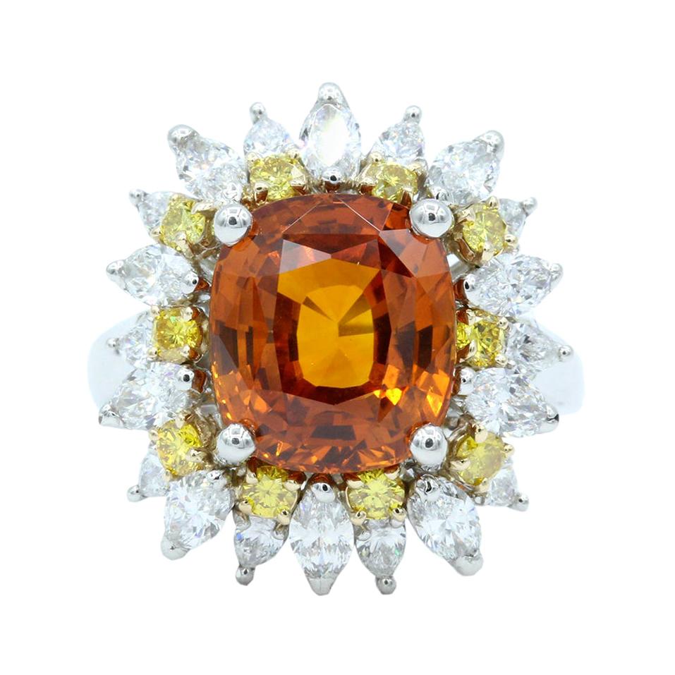 Oscar Heyman GIA Certified 6.04ct Orange Sapphire, Diamond & Yellow Diamond Ring