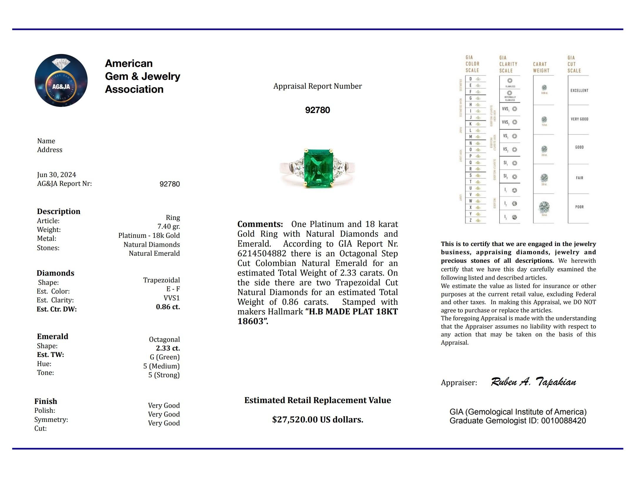 Oscar Heyman Gia Certified Classic Ring Plat 18Kt Gold 3.19 Cts Diamonds Emerald For Sale 4