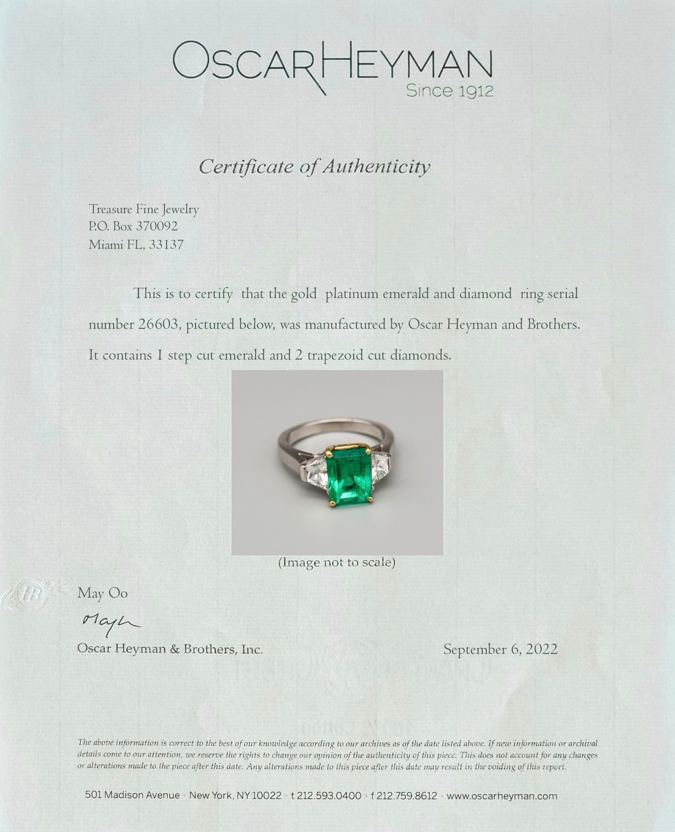 Oscar Heyman Gia Certified Classic Ring Plat 18Kt Gold 3.19 Cts Diamonds Emerald For Sale 6