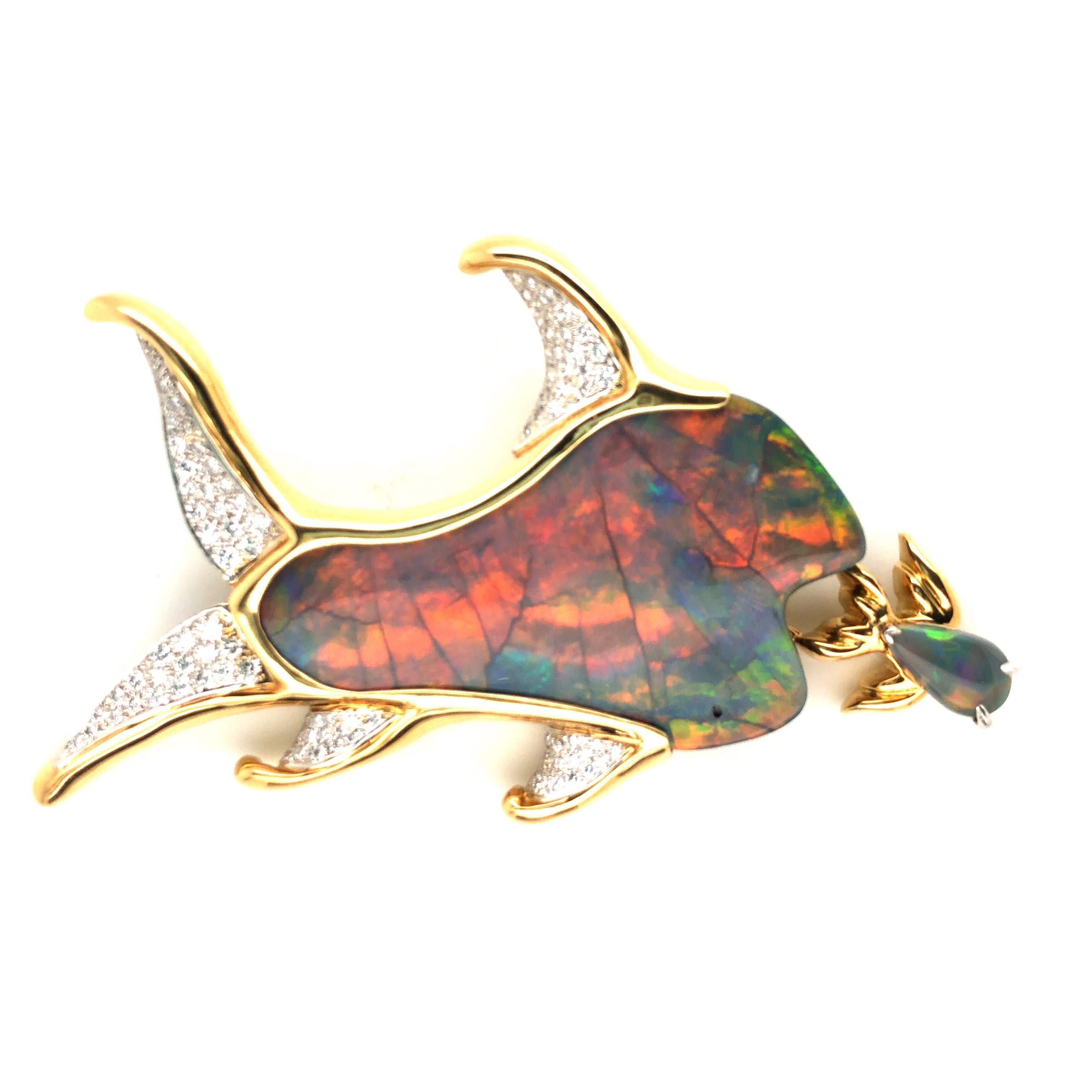 Oscar Heyman Gold 30 Karat Einzigartig Schwarzer Opal Snacking Fisch Brosche im Angebot 3