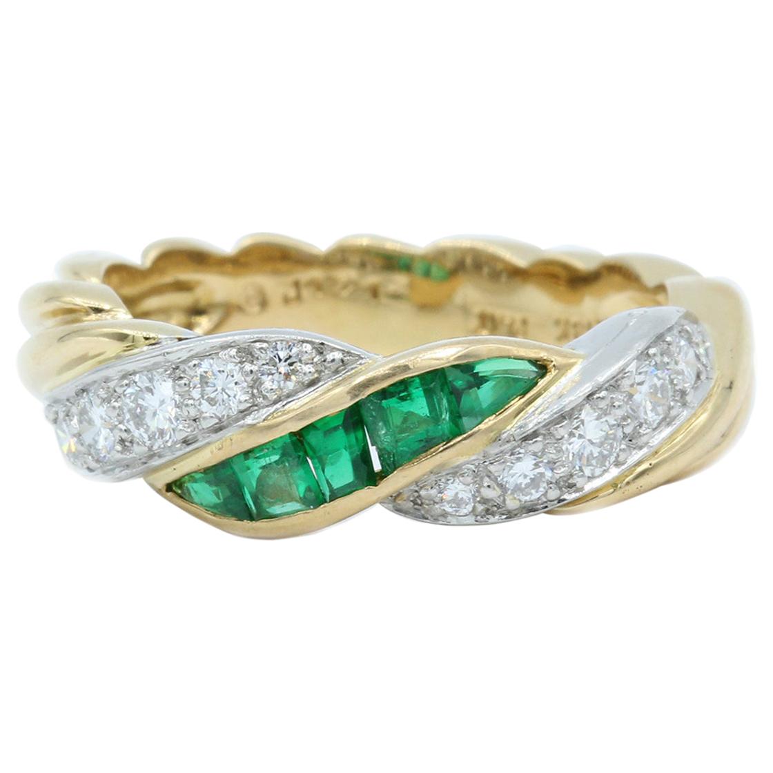 Oscar Heyman Gold and Platinum Emerald and Diamond Twist Band Ring