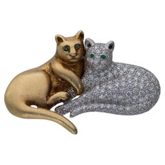 Oscar Heyman Gold and Platinum Pave Diamond "Two Kitty" Brooch