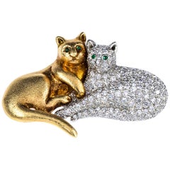 Oscar Heyman Gold and Platinum Pave Double Cat Brooch