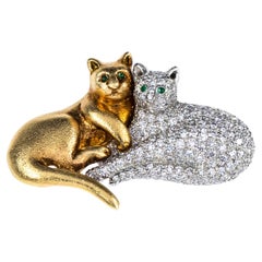 Oscar Heyman Gold and Platinum Pave Diamond "Two Kitty" Brooch