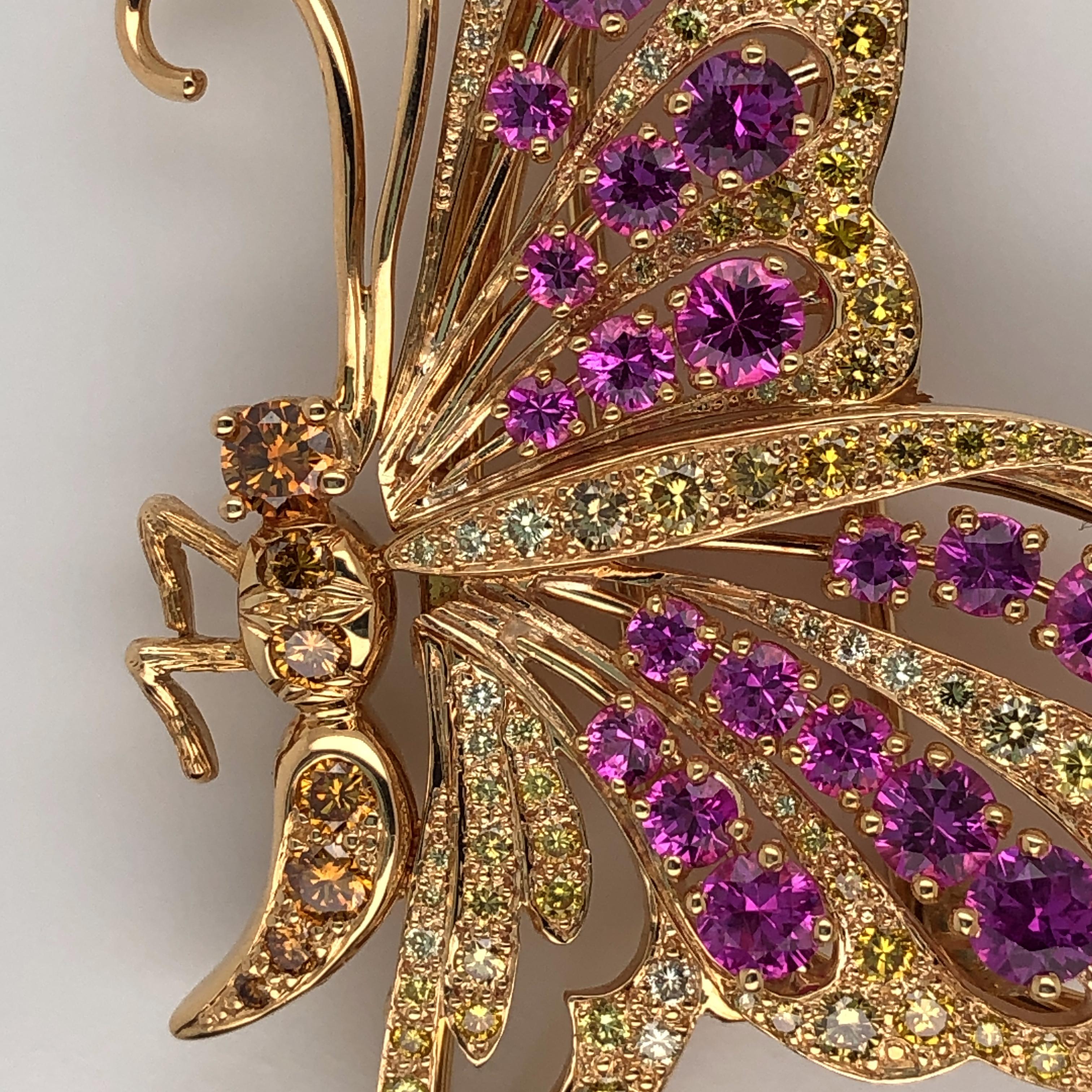 Women's or Men's Oscar Heyman 18k Gold Pink Sapphire and Diamond Butterfly Brooch