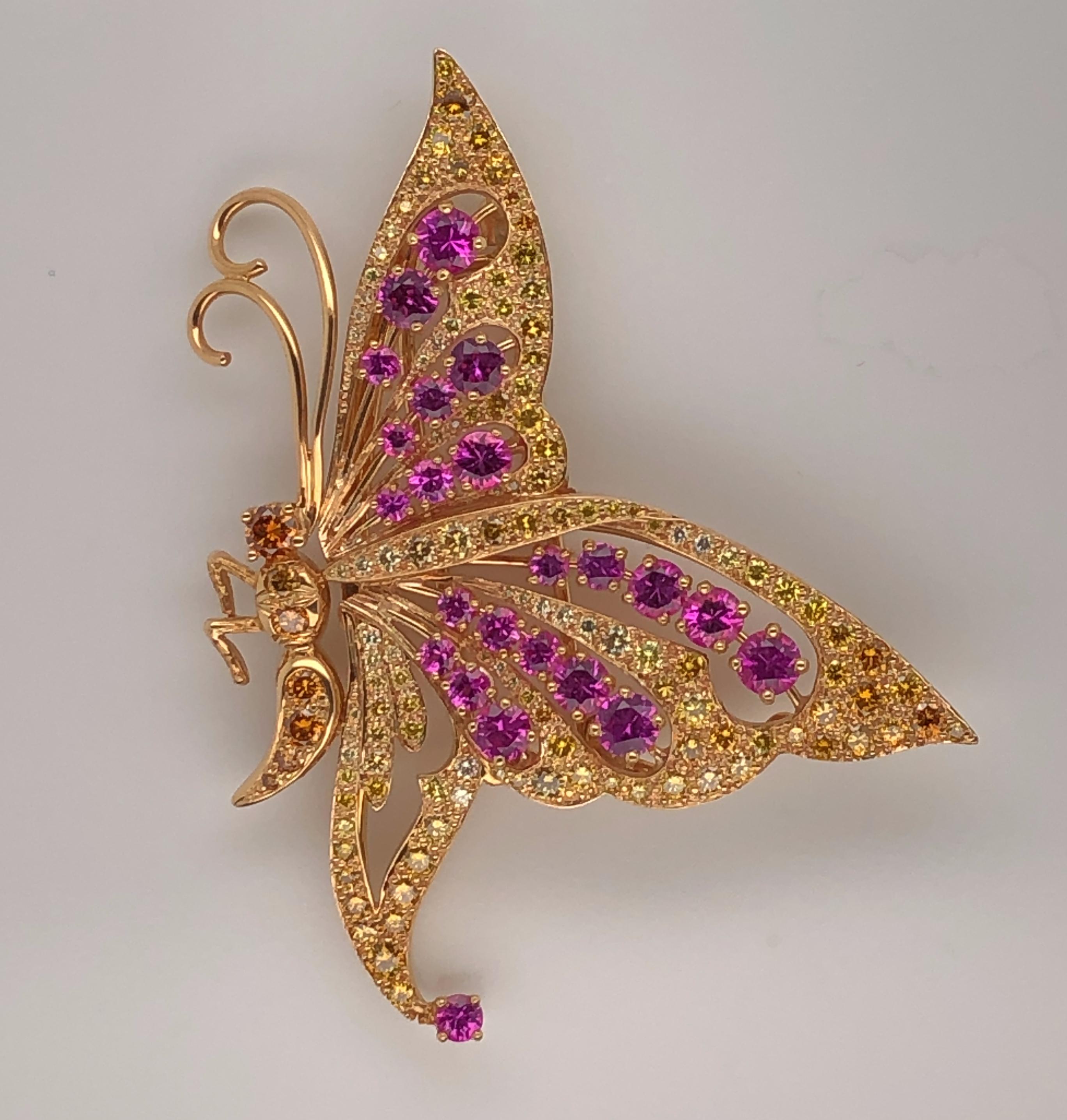 Oscar Heyman 18k Gold Pink Sapphire and Diamond Butterfly Brooch For Sale 1