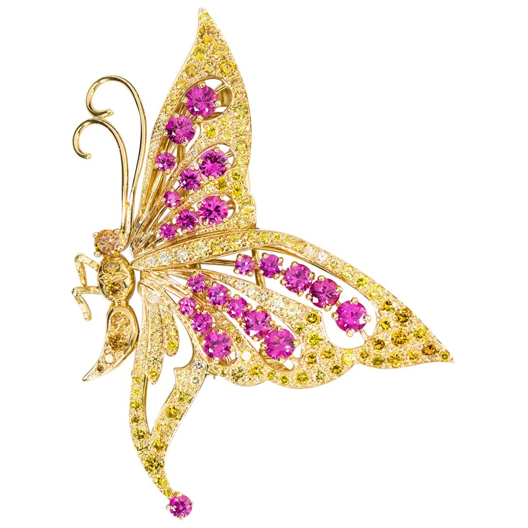 Oscar Heyman 18k Gold Pink Sapphire and Diamond Butterfly Brooch For Sale