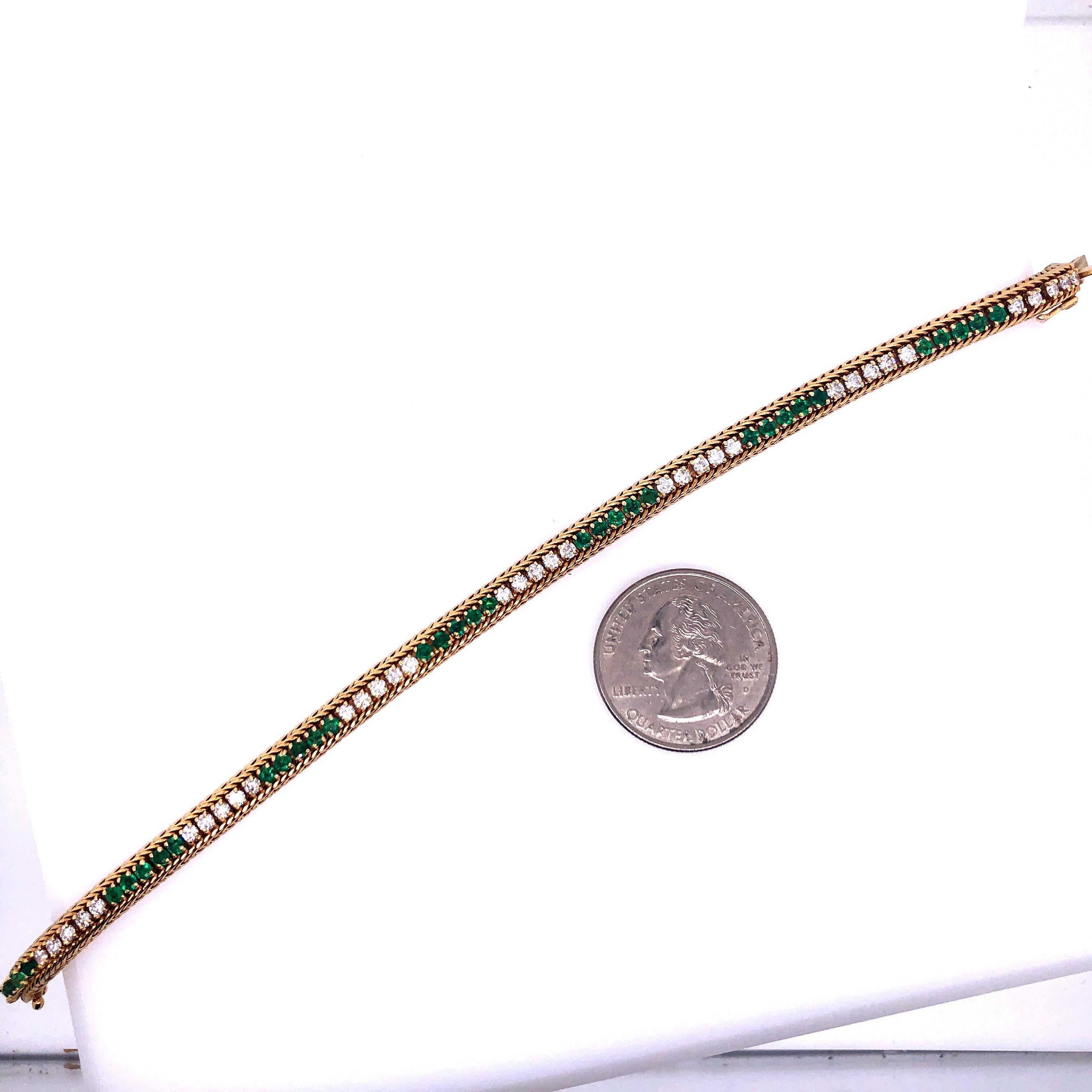 Oscar Heyman 18K Yellow Gold Emerald and Diamond Bracelet.  Stamped 18k 