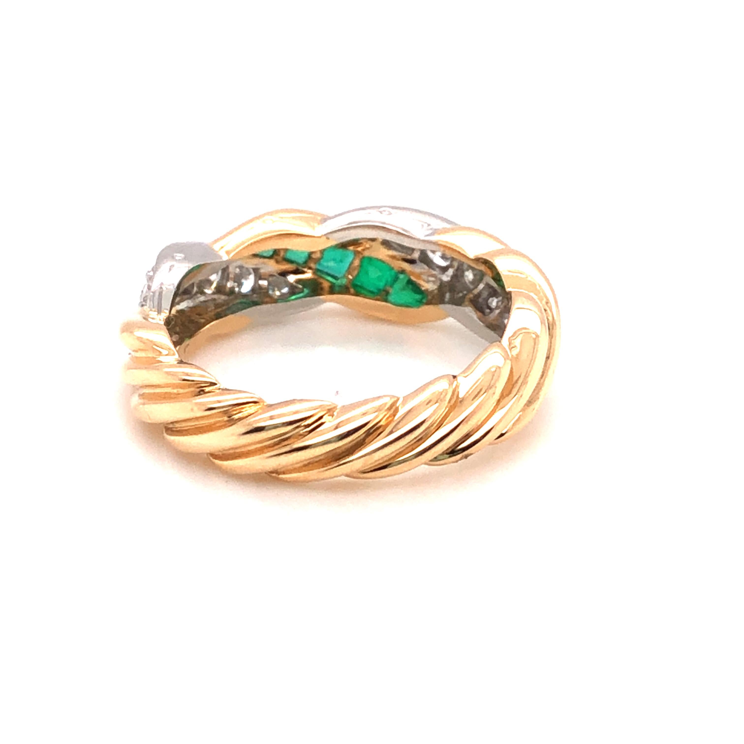 Contemporary Oscar Heyman Gold and Platinum Emerald and Diamond Twist Band Ring