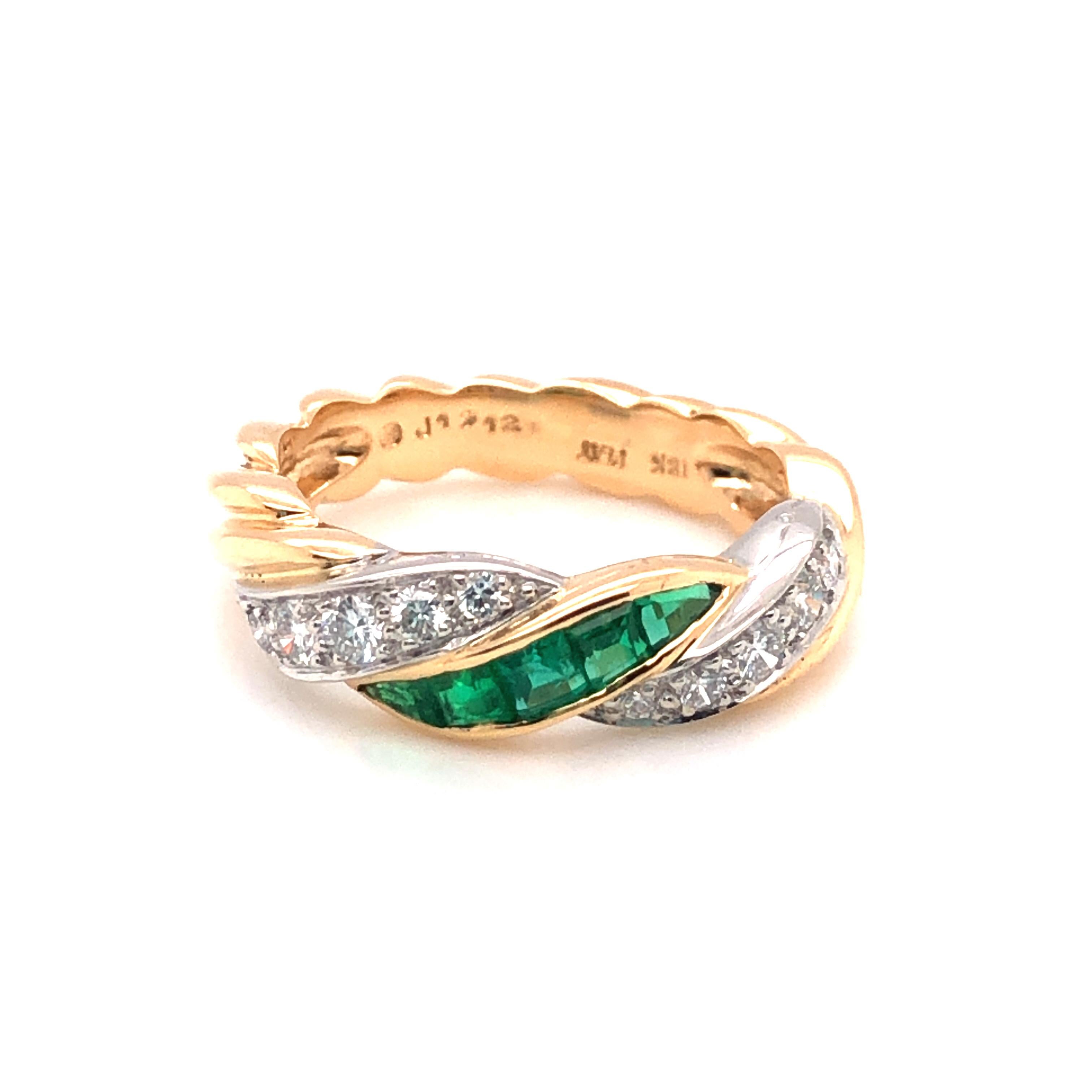 Emerald Cut Oscar Heyman Gold and Platinum Emerald and Diamond Twist Band Ring