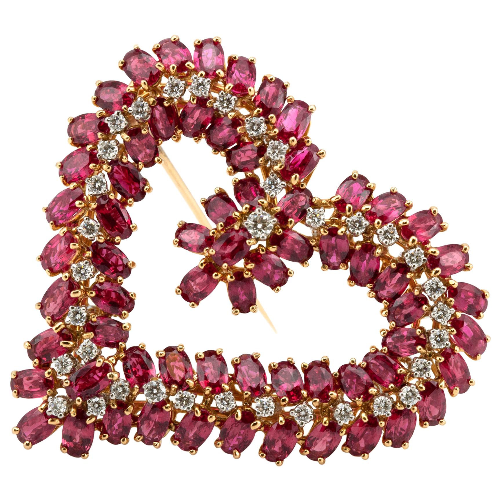 Oscar Heyman Gold, Platinum, Ruby and Diamond Heart Brooch