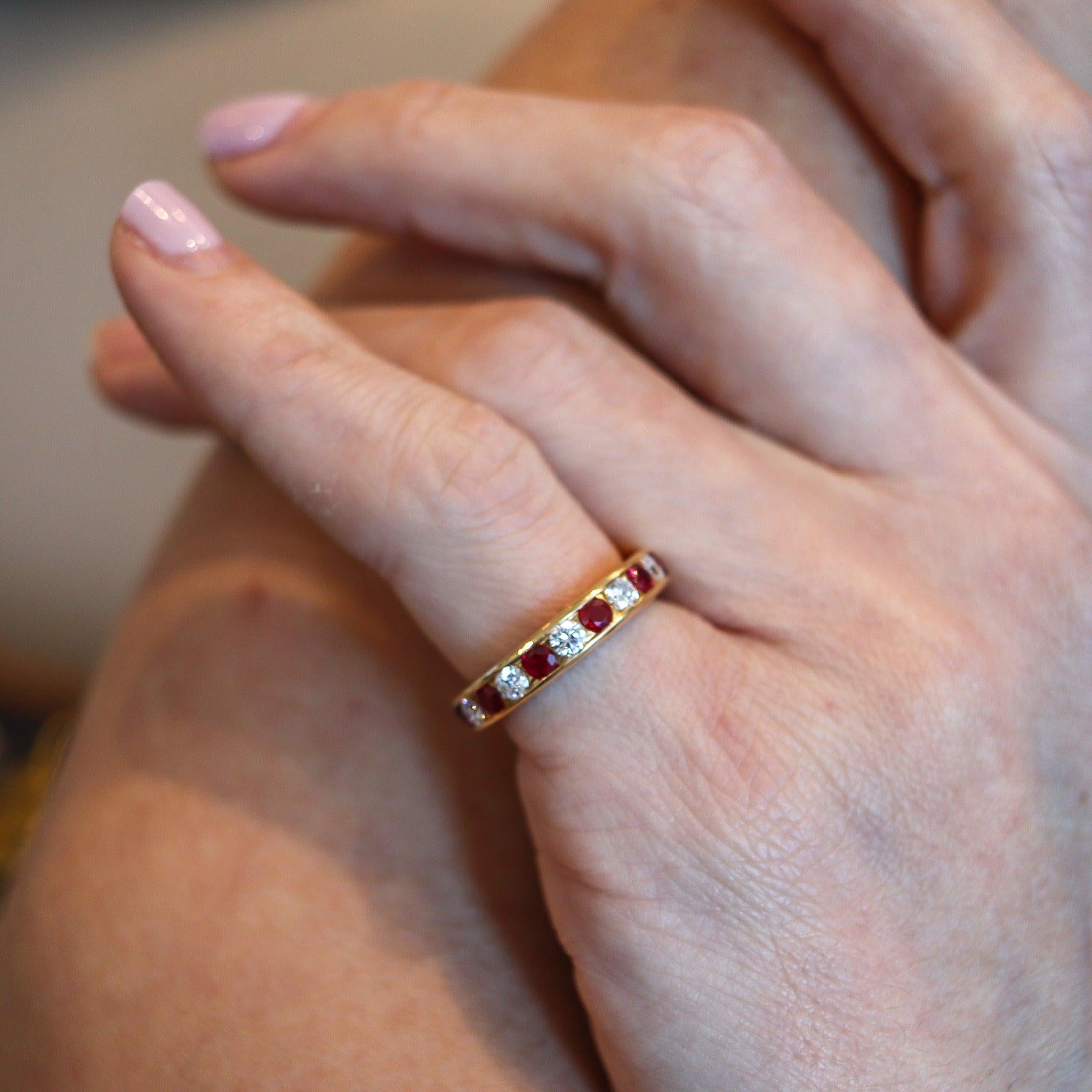 Half eternity ring designed by the Oscar Heyman Brothers.

This is a gorgeous half eternity ring, created in New York city by the iconic jewelry makers of Oscar Heyman Company. This colorful ring has been crafted in solid yellow gold of 18 karats