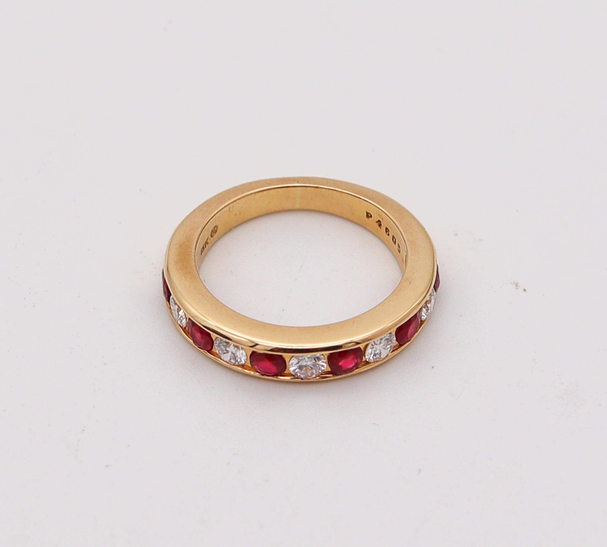 Round Cut OSCAR HEYMAN Half Eternity Ring In 18Kt Yellow Gold Diamonds & Rubies For Sale