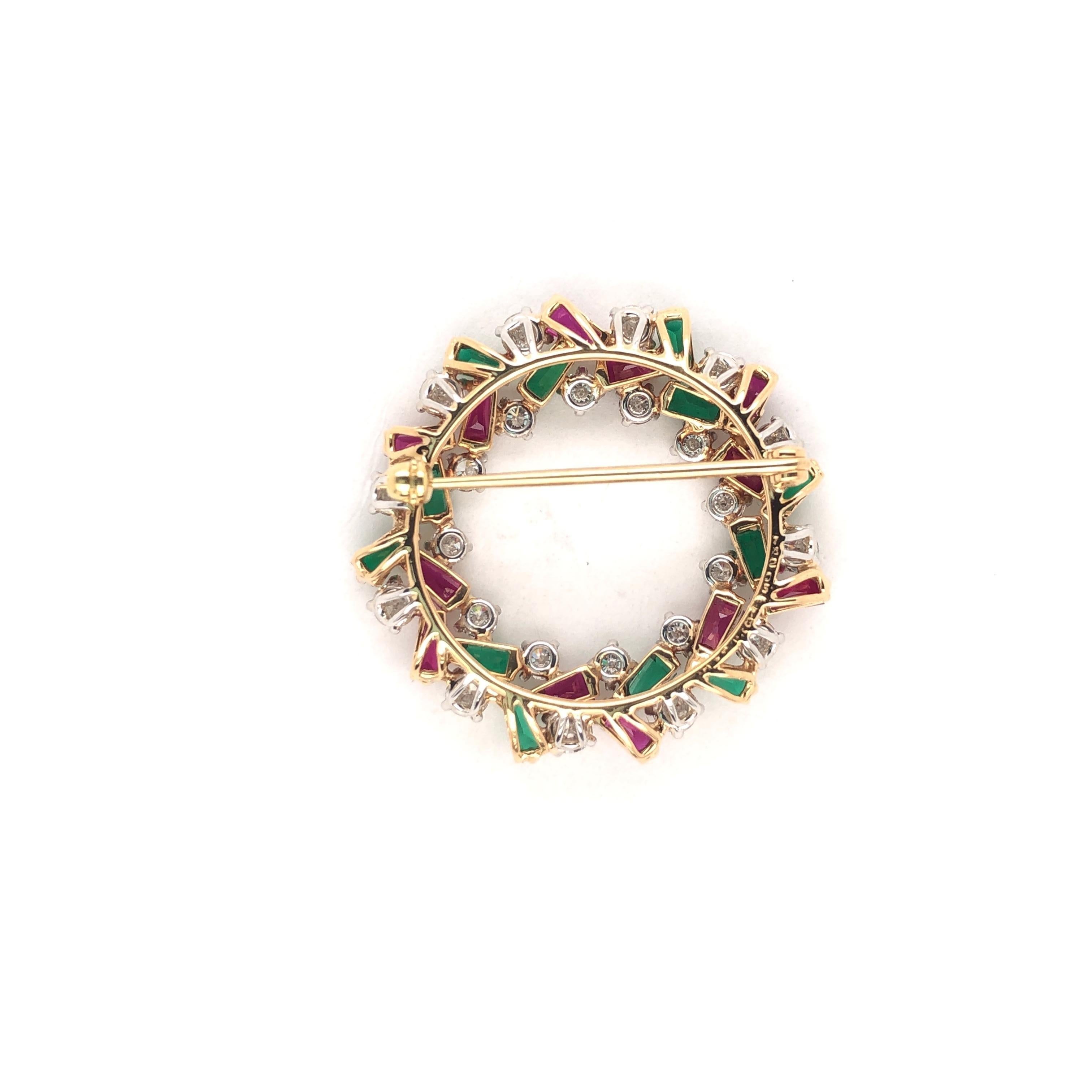 Emerald Cut Oscar Heyman Holiday Wreath Brooch with Rubies, Emeralds and Diamonds