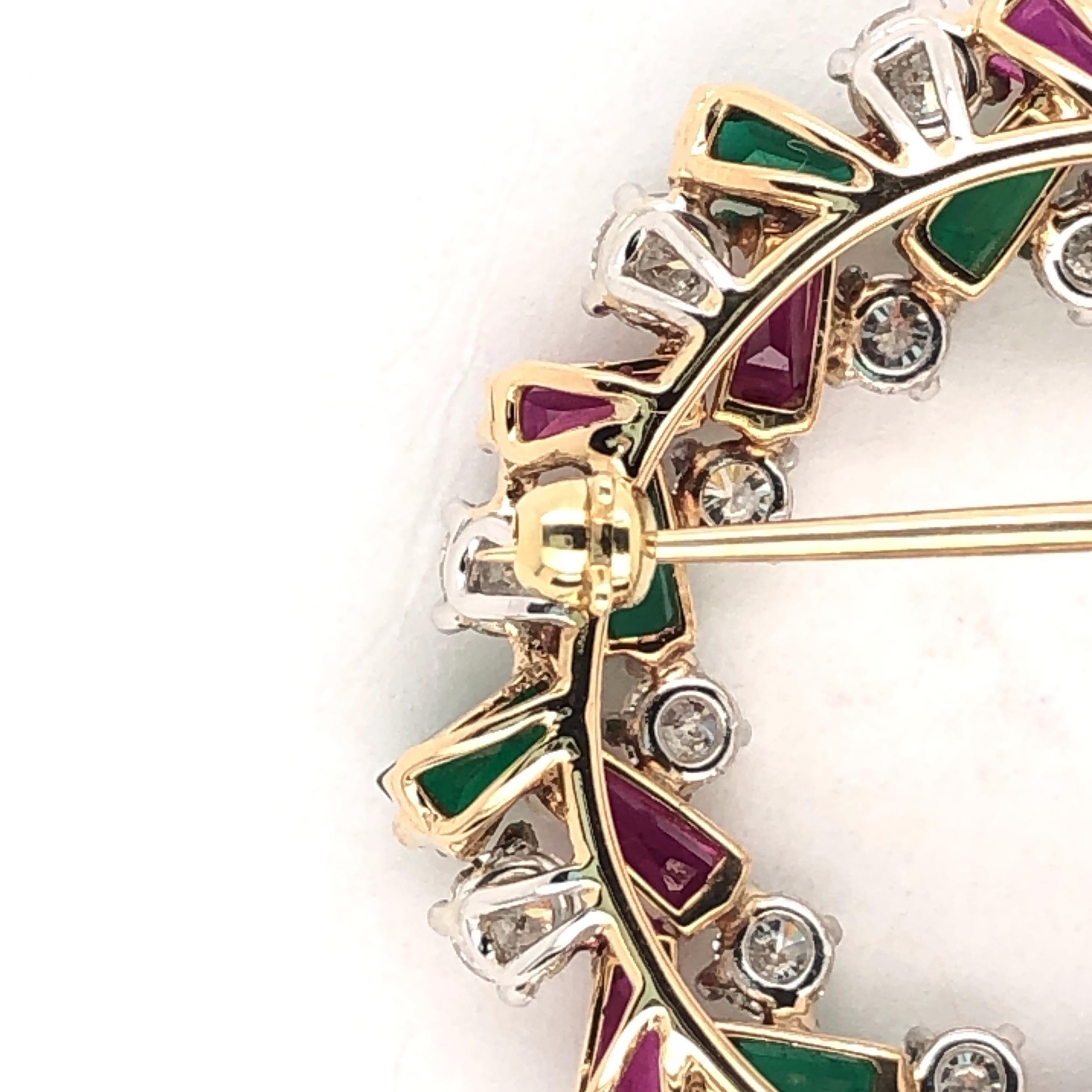 Women's or Men's Oscar Heyman Holiday Wreath Brooch with Rubies, Emeralds and Diamonds